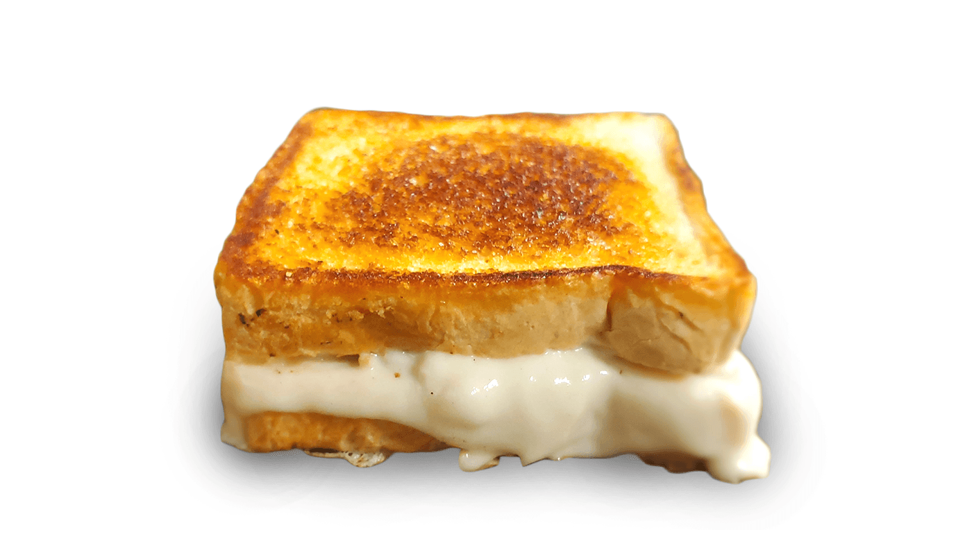 Single grilled cheese sandwich on white background