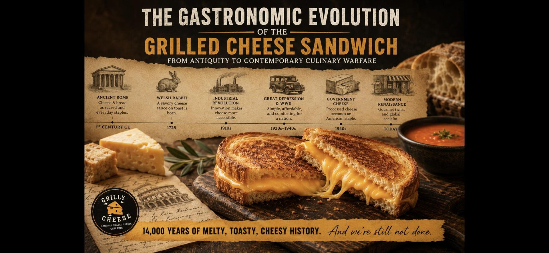 Vintage-inspired grilled cheese history display featuring ancient Roman origins, sliced bread innovation, tomato soup, and modern food truck culture