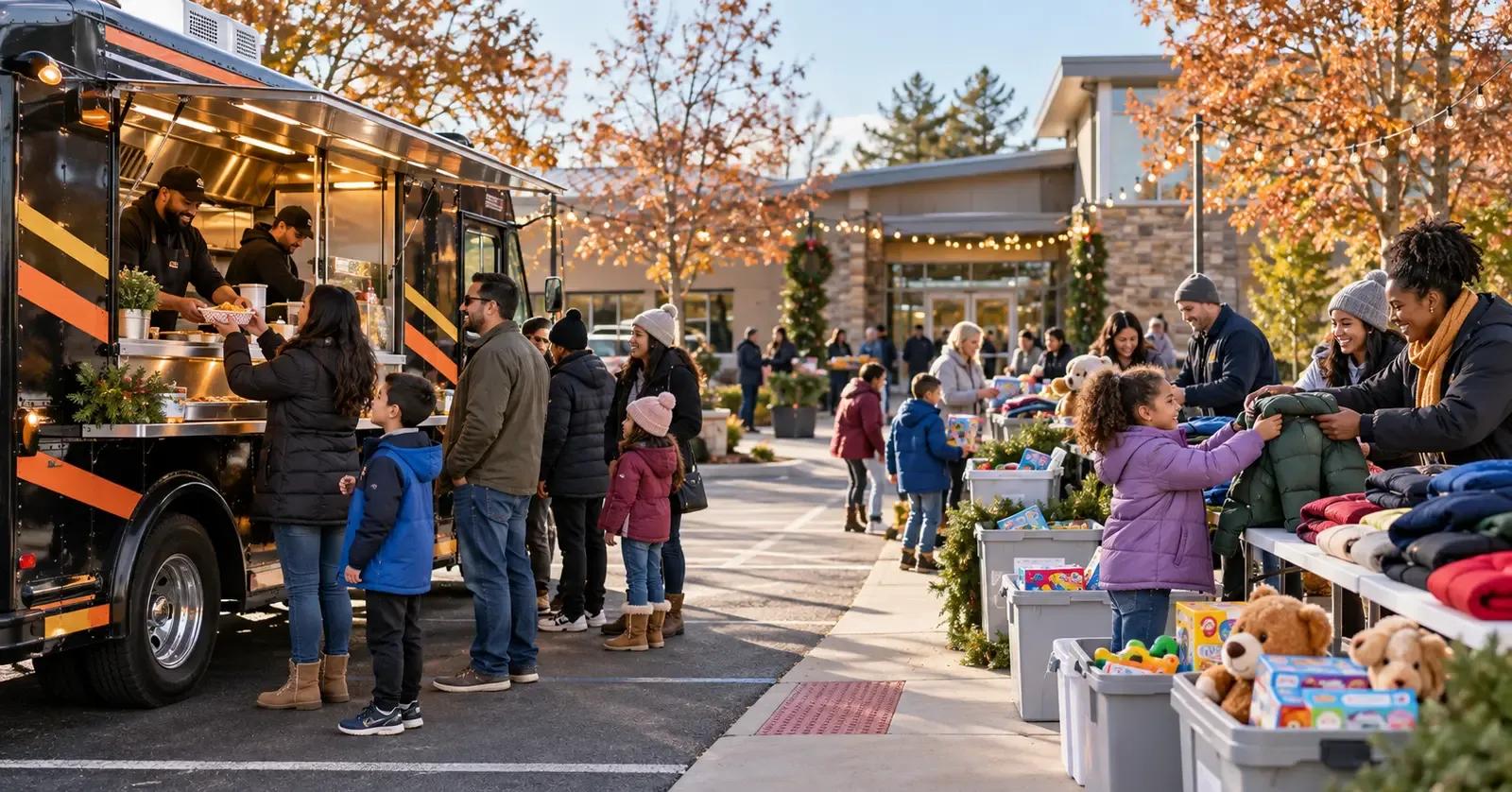 Families and volunteers gathering beside a food truck during a community holiday donation drive