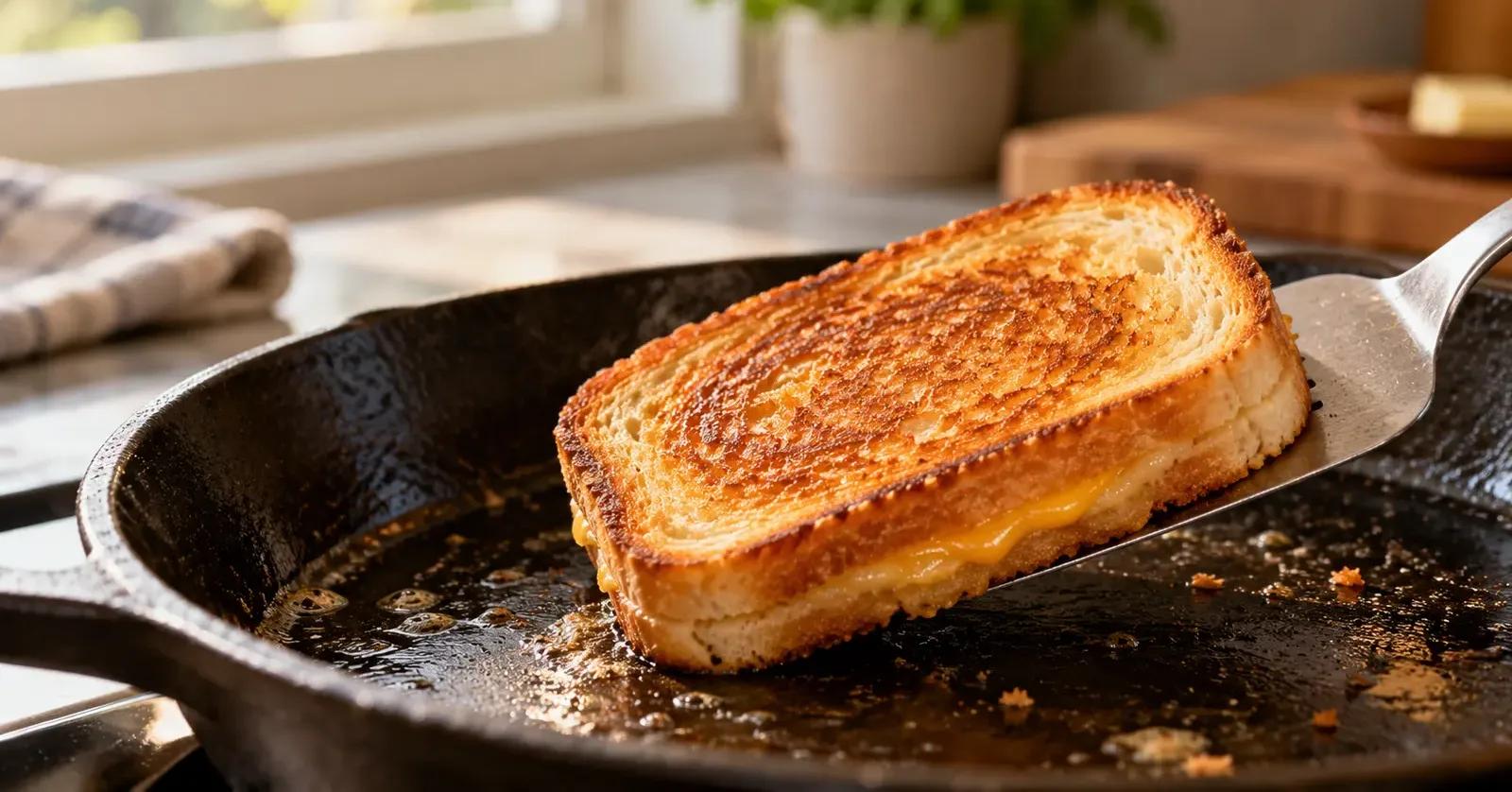 Golden grilled cheese being turned once with a wide spatula in a skillet