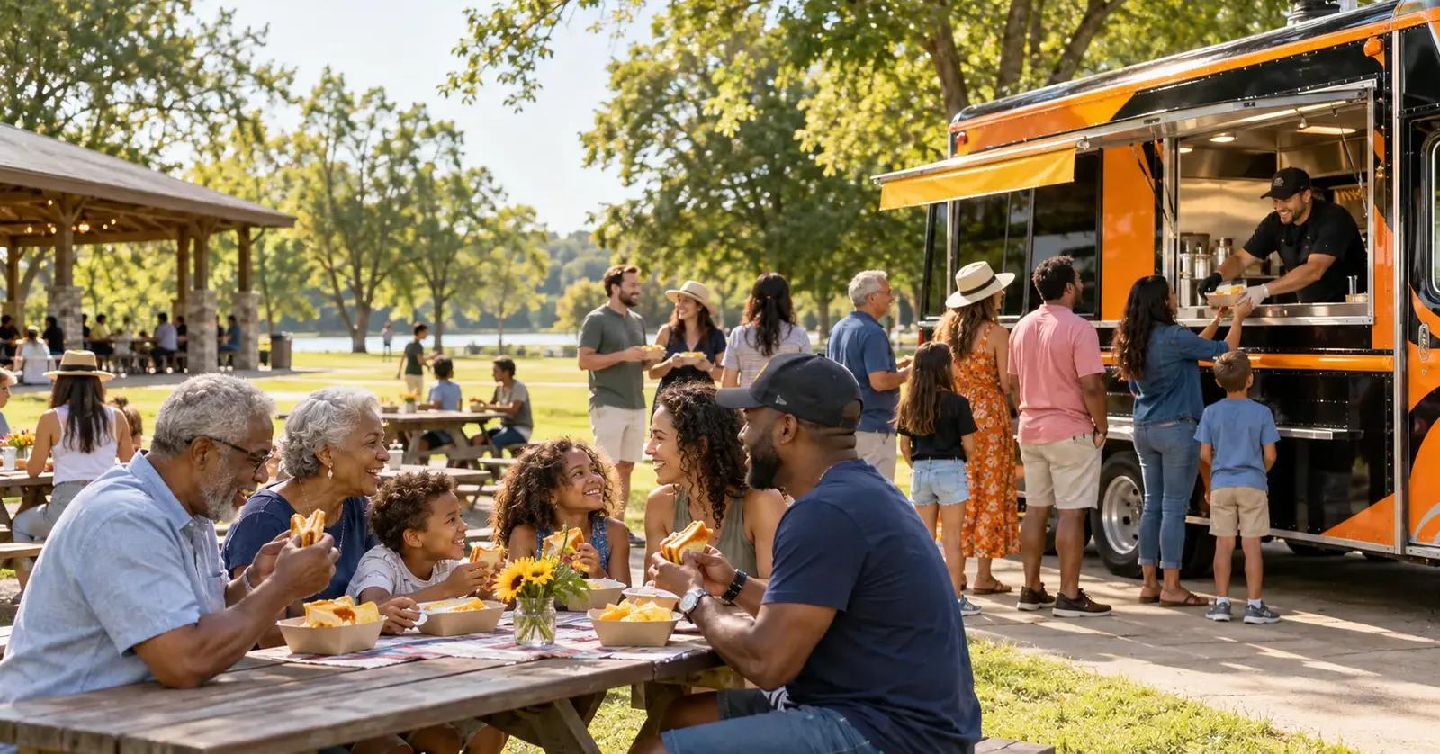 Multigenerational family enjoying a reunion meal beside a black-and-orange food truck in a park