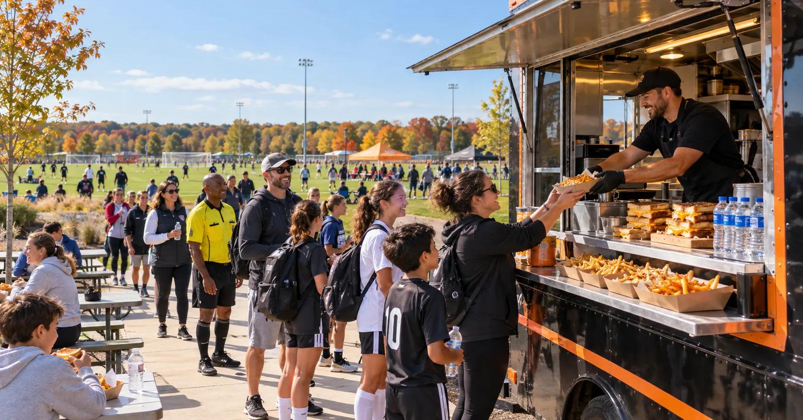 Grilled cheese food truck serving athletes, families, coaches, and officials at a sports tournament