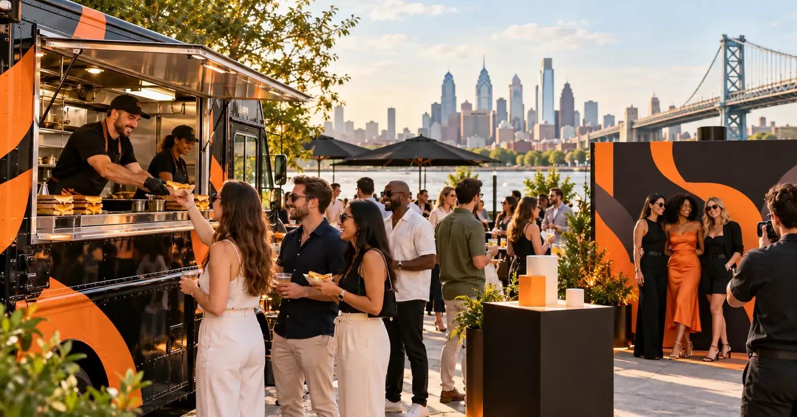 Guests at a product launch gathering beside a black-and-orange food truck and an unbranded photo backdrop