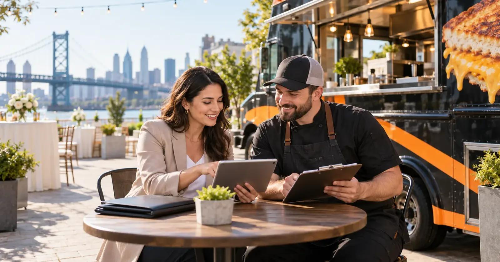 Event organizer and food truck operator reviewing event details for a catering quote beside a black-and-orange food truck