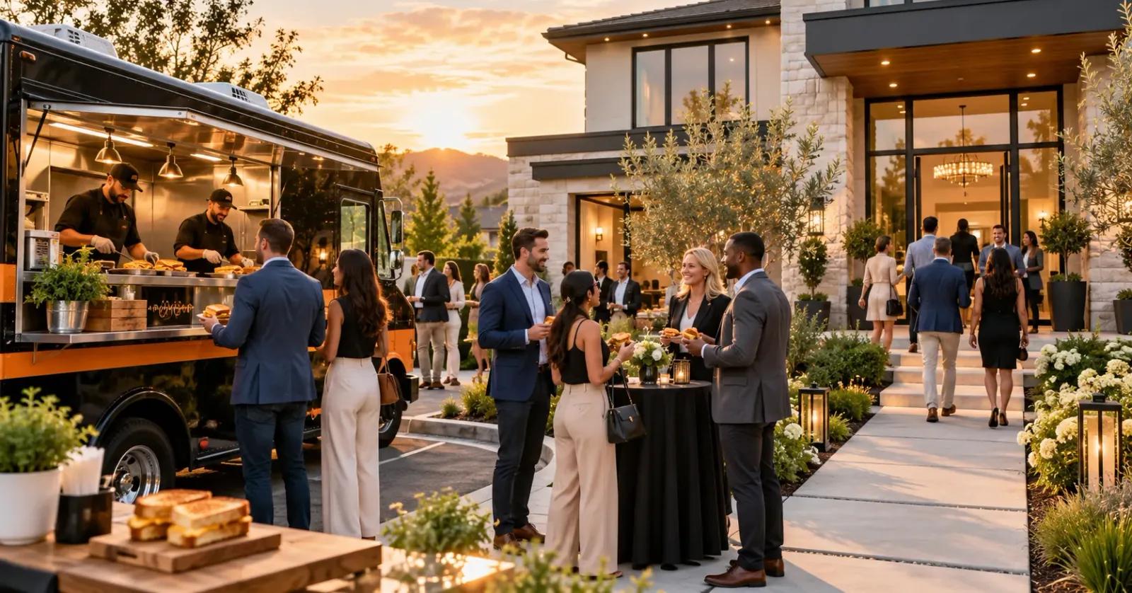 Real estate professionals and guests gathering beside a food truck at a model-home event