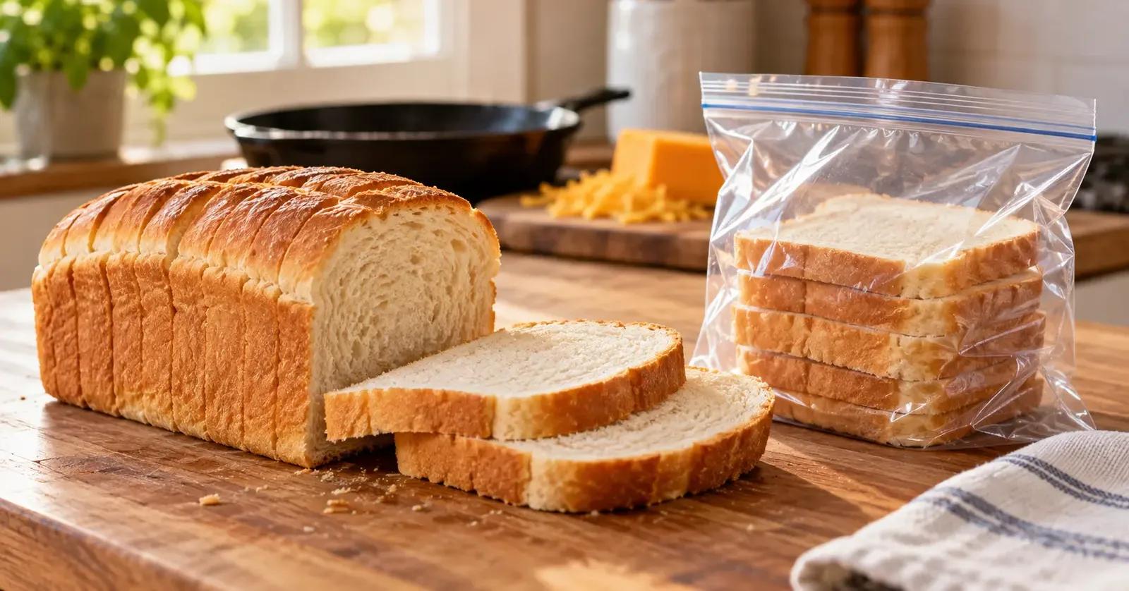 Sliced sandwich bread on a kitchen counter beside a freezer bag prepared for grilled cheese storage