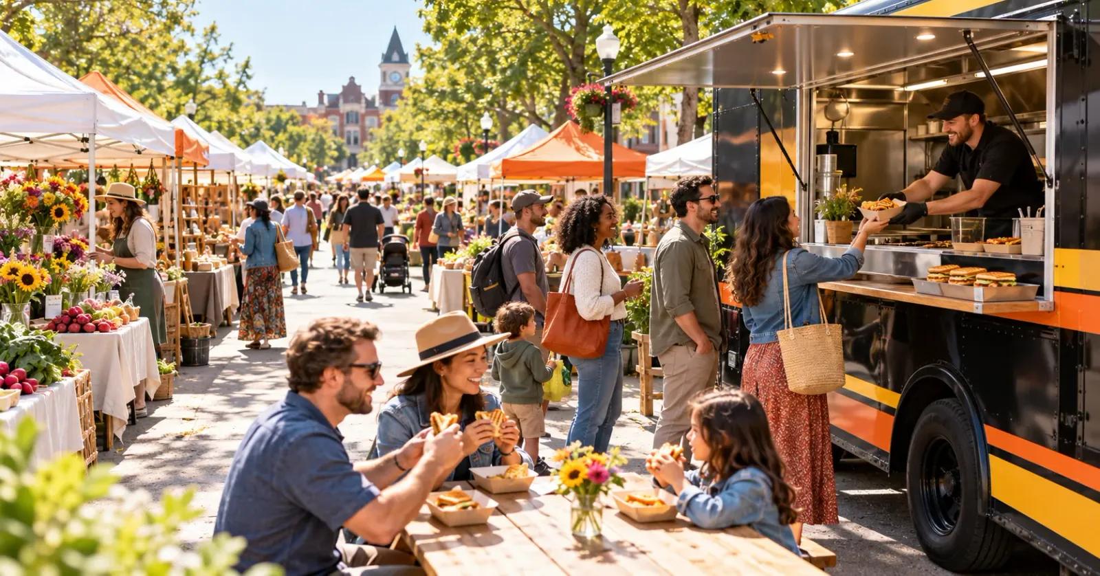 Shoppers ordering grilled cheese from a food truck at a farmers and makers market