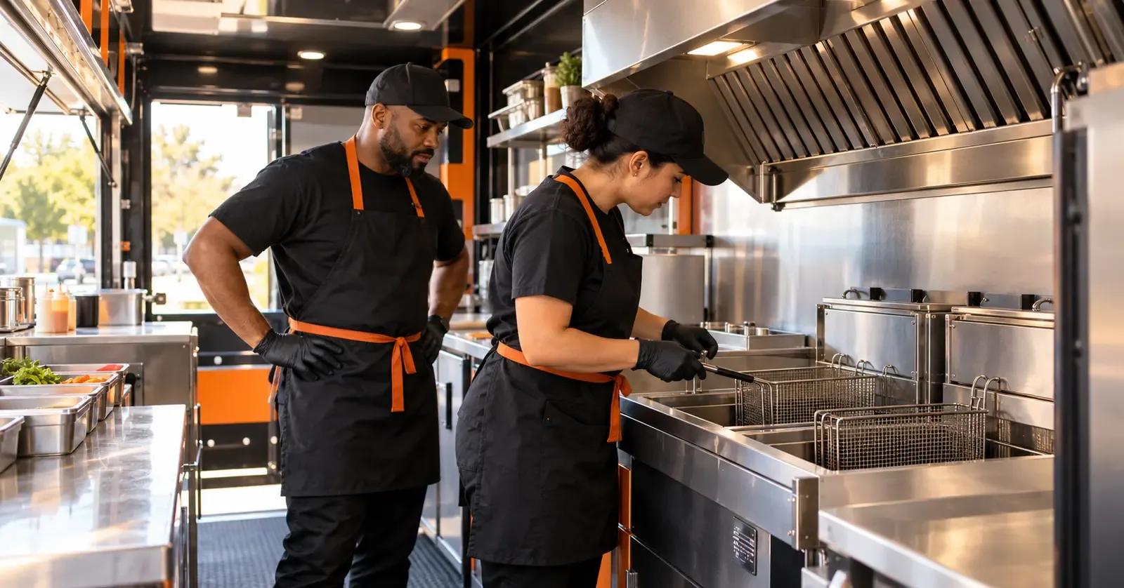 Food truck crew inspecting a clean commercial fryer station before service