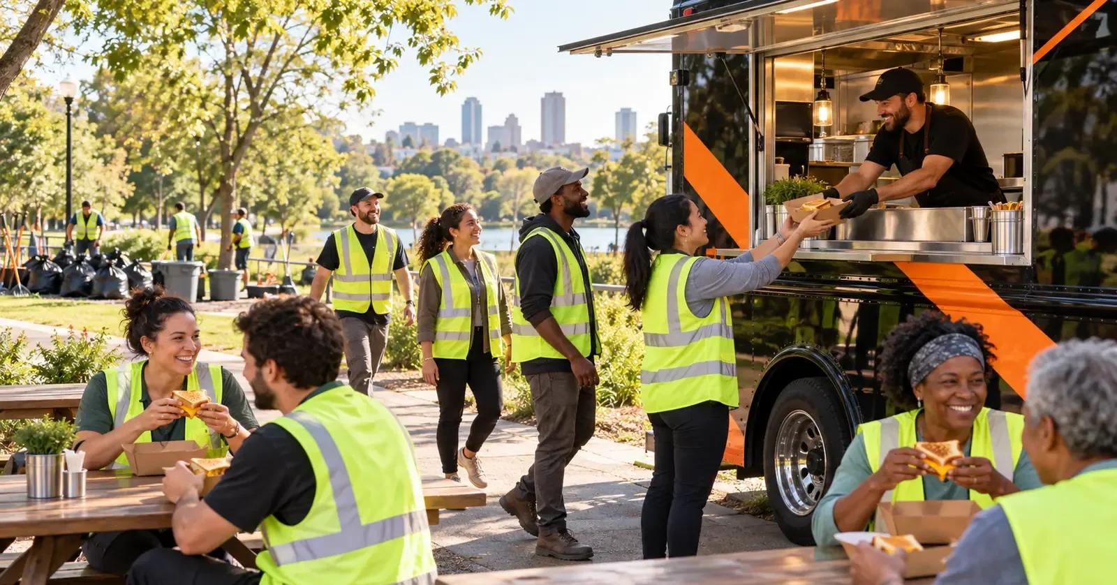Community cleanup volunteers receiving lunch from a black-and-orange food truck in a park