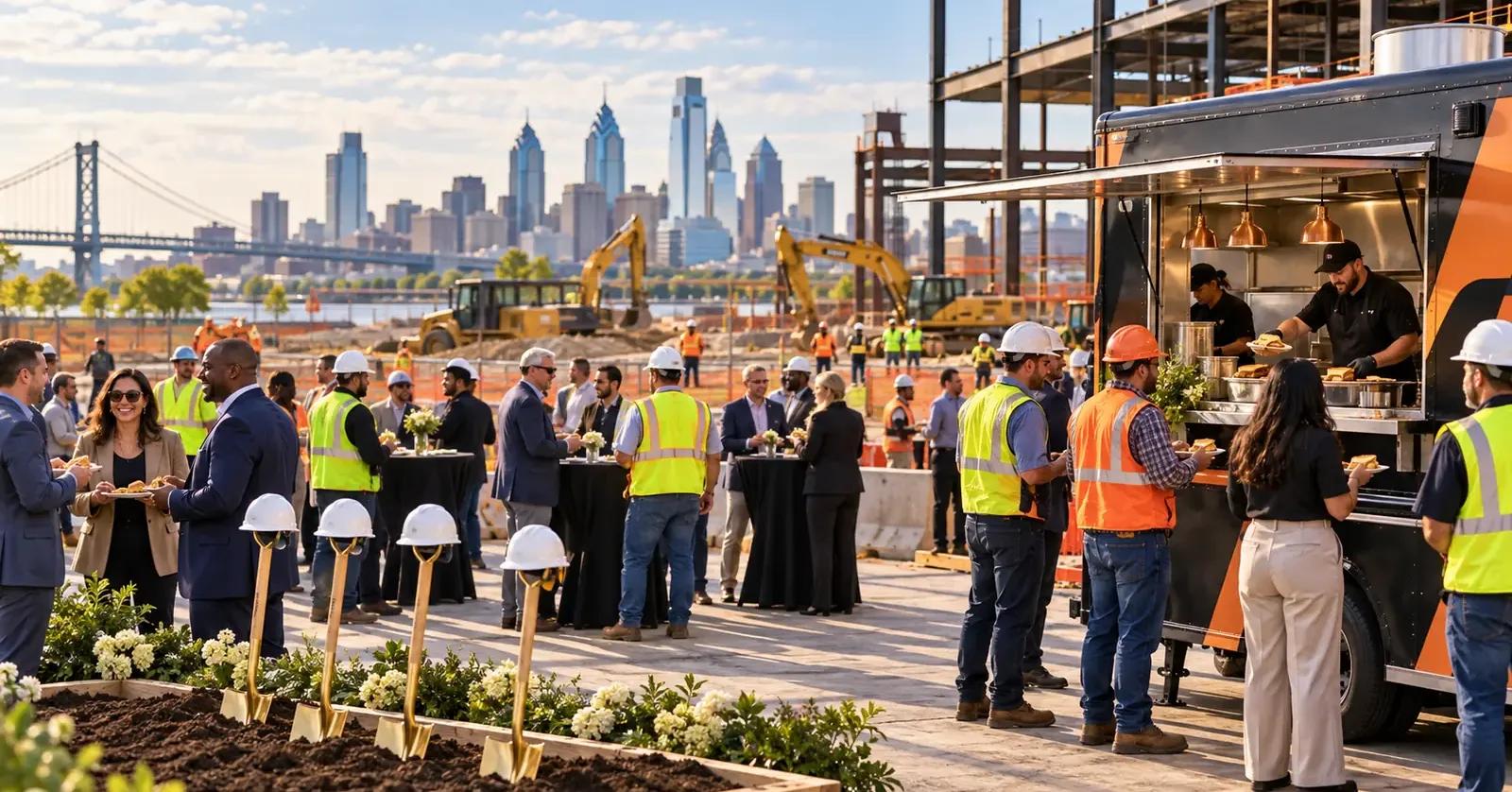 Project leaders and construction teams gathering beside a black-and-orange food truck at a groundbreaking ceremony