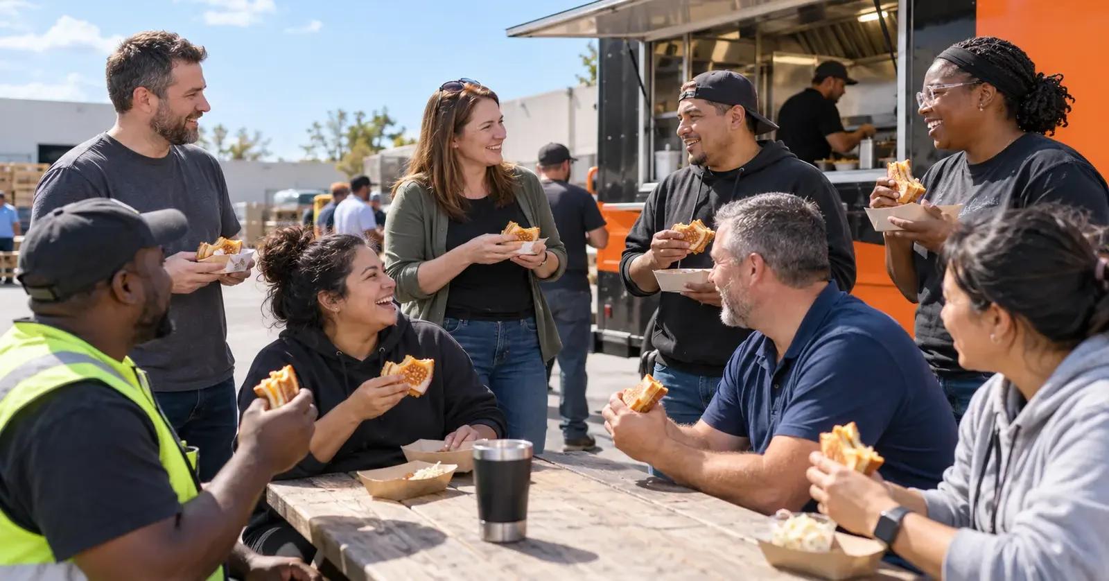 Employees from different departments sharing a food truck lunch during the workday
