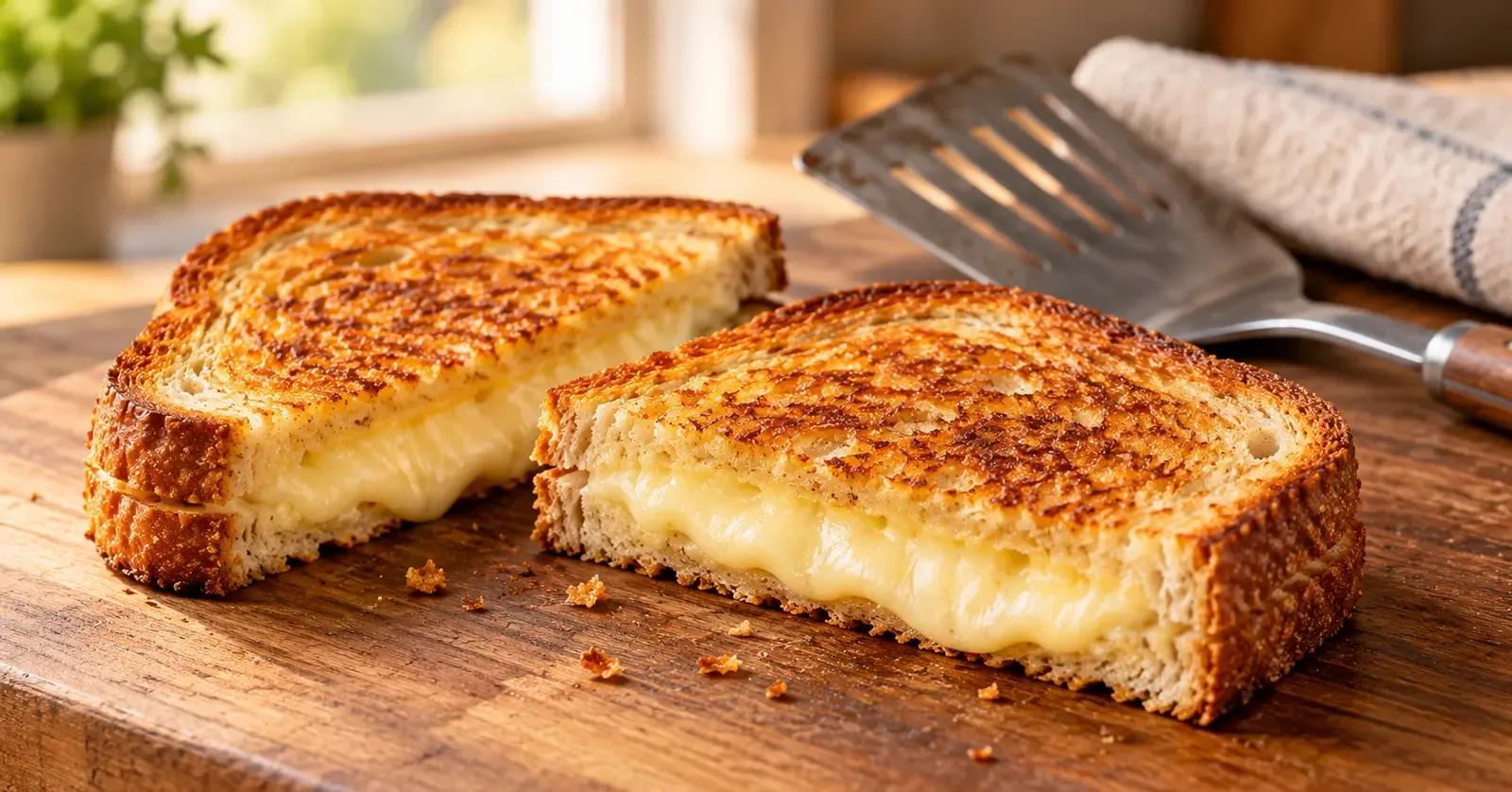 Gluten-free grilled cheese with an intact golden crust and evenly melted cheese on a wooden board