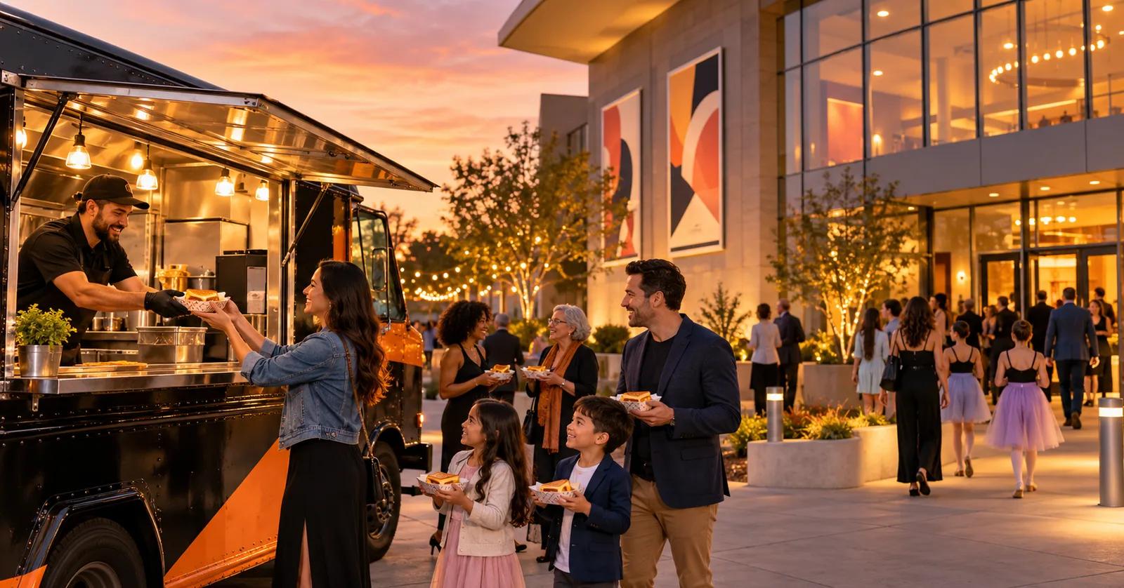 Families and theater patrons ordering from a food truck outside a performing arts center before an evening show
