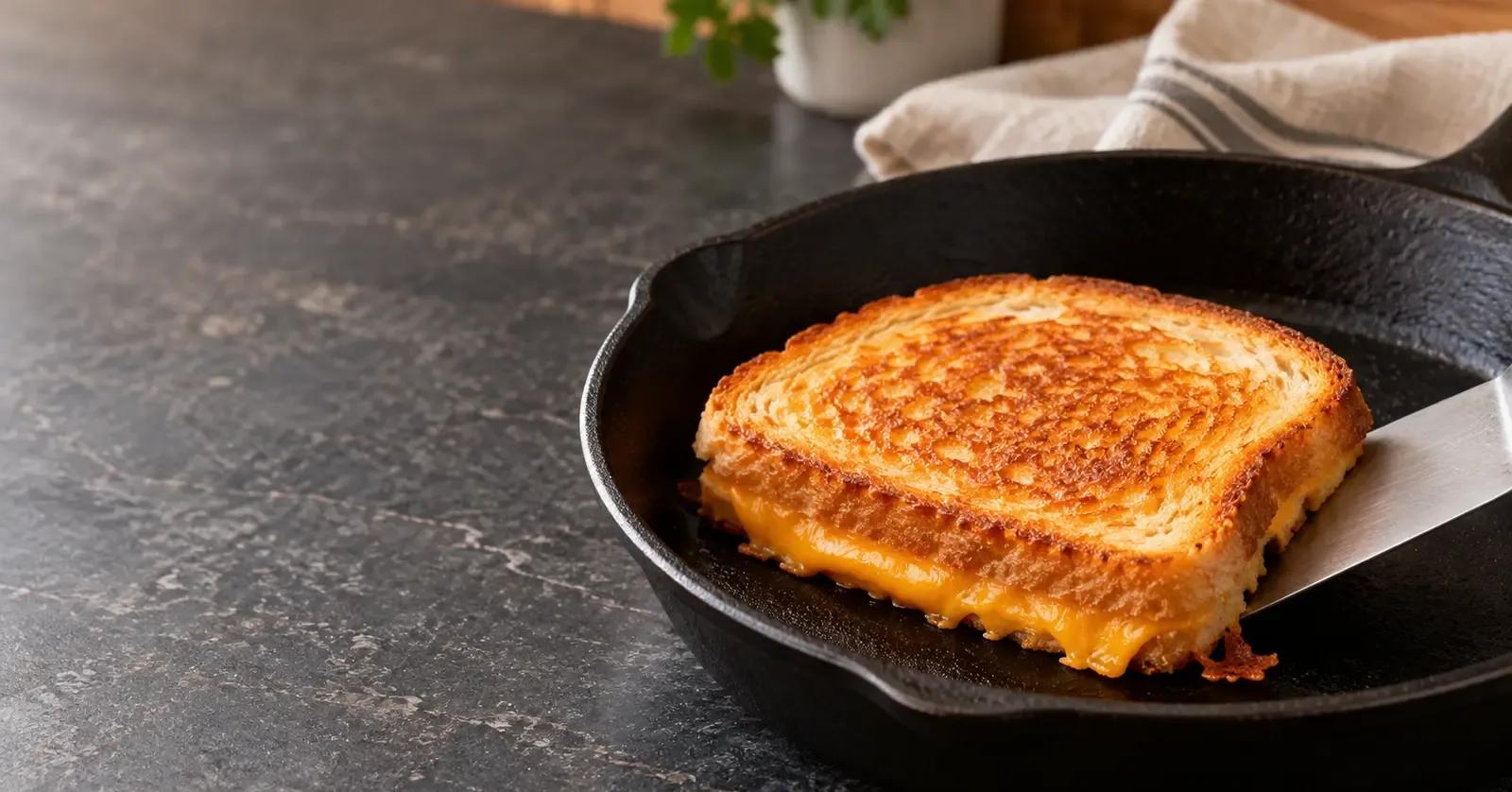A thin spatula releasing a golden grilled cheese sandwich from a skillet without tearing the bread