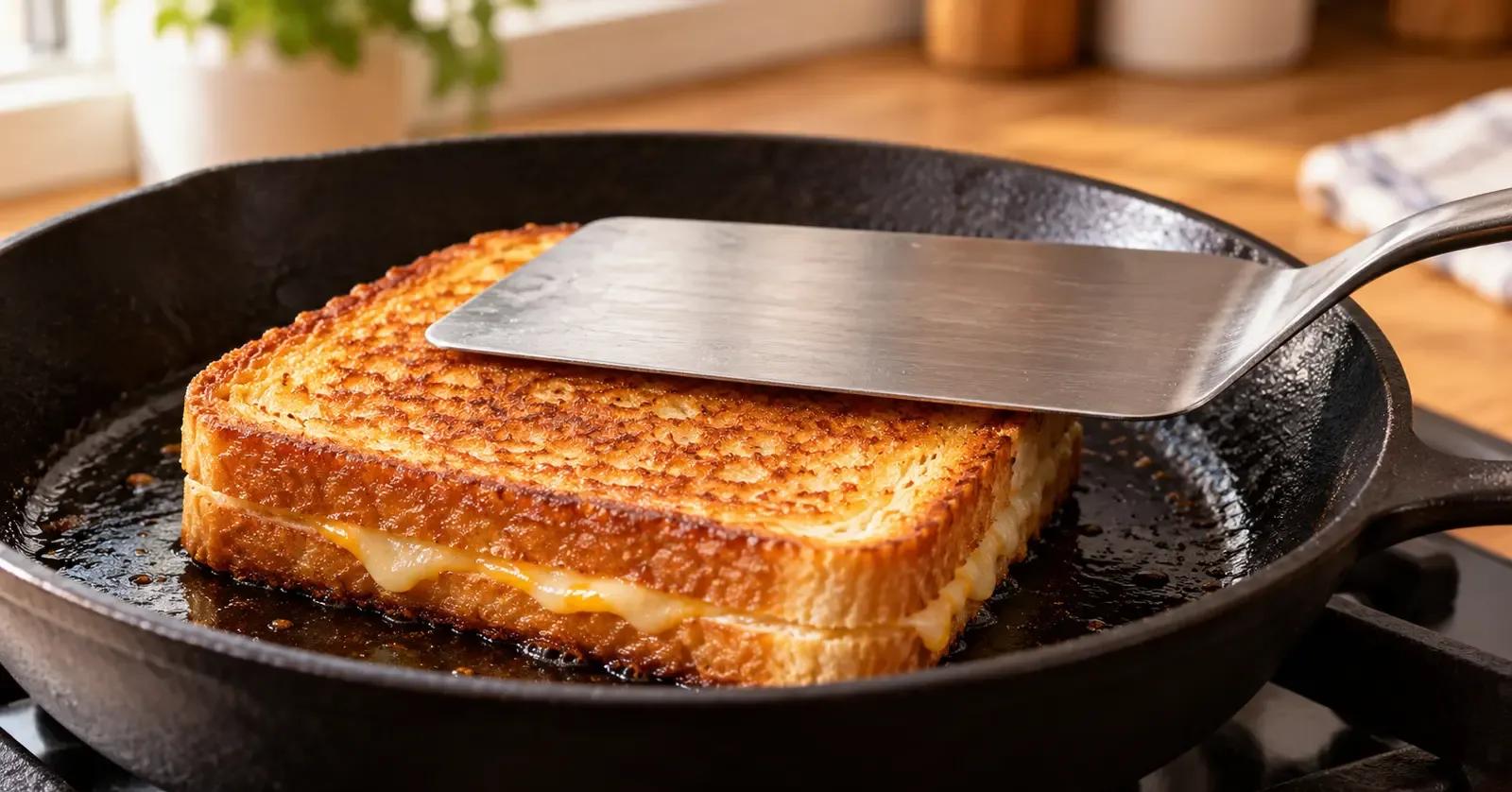 A broad spatula making light contact with an intact grilled cheese in a skillet
