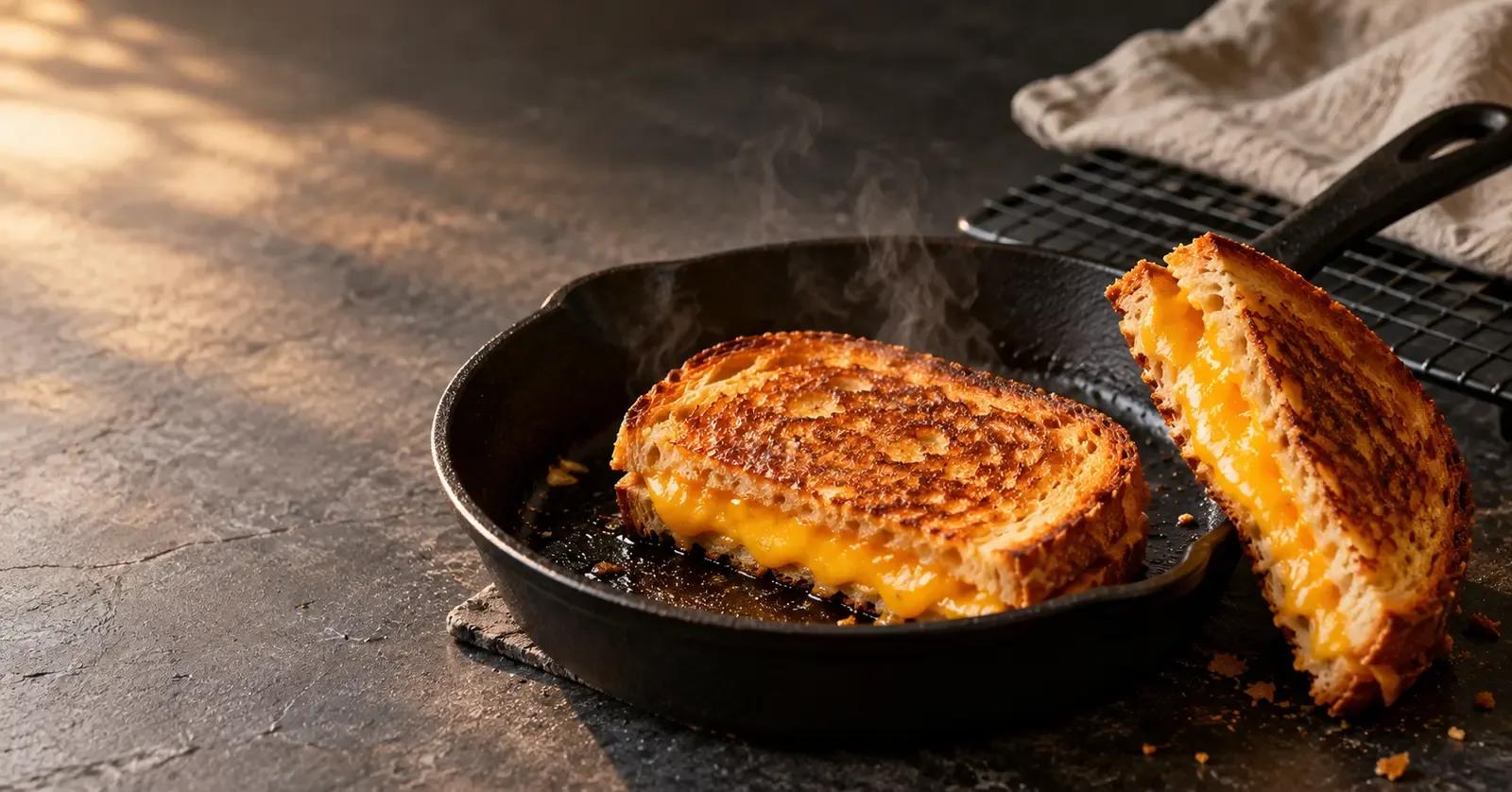 A leftover grilled cheese reheating in a skillet with a crisp golden crust and melted center
