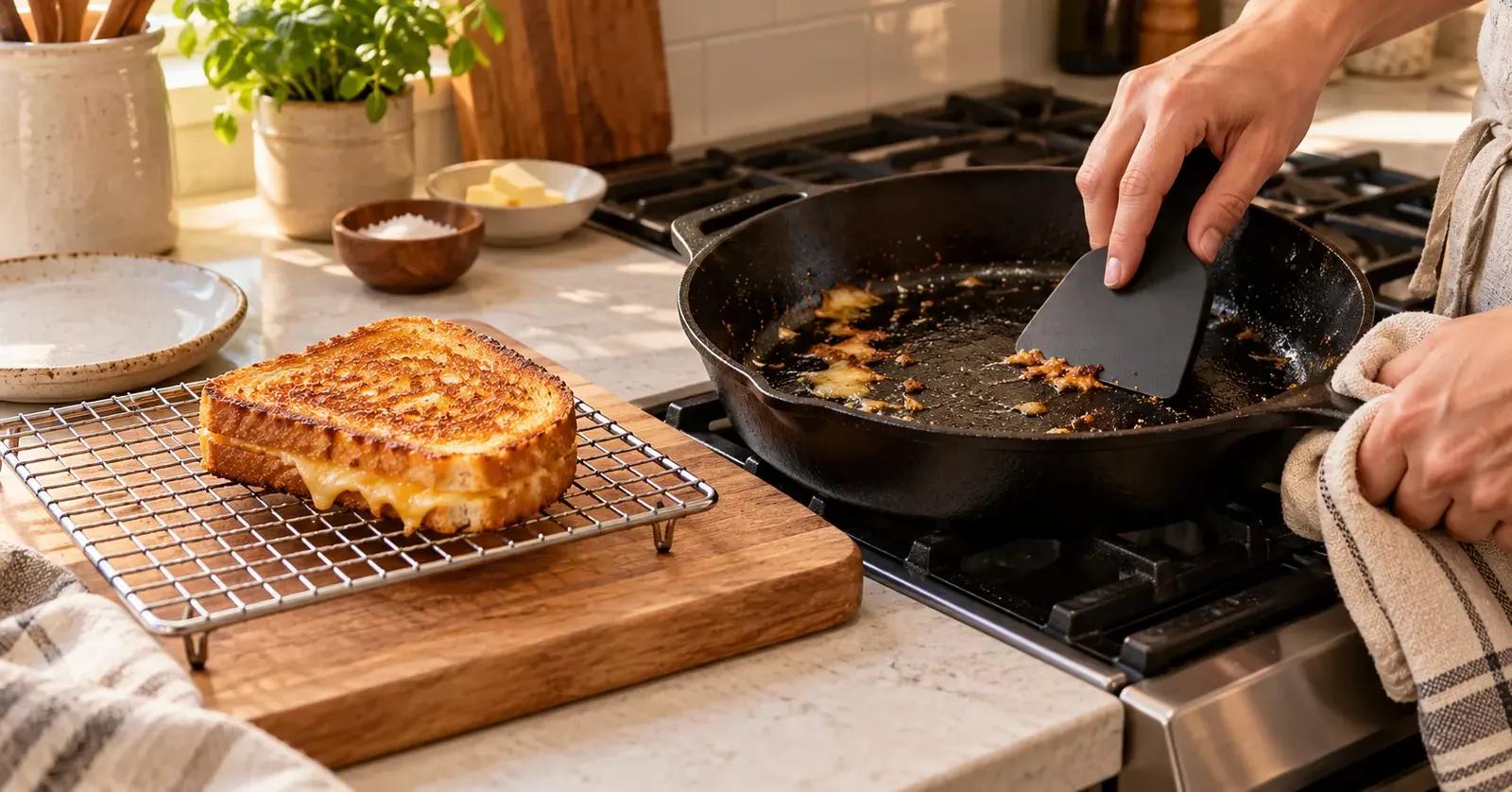 Grilled cheese cooling on a rack while browned cheese residue is scraped from a cast-iron skillet
