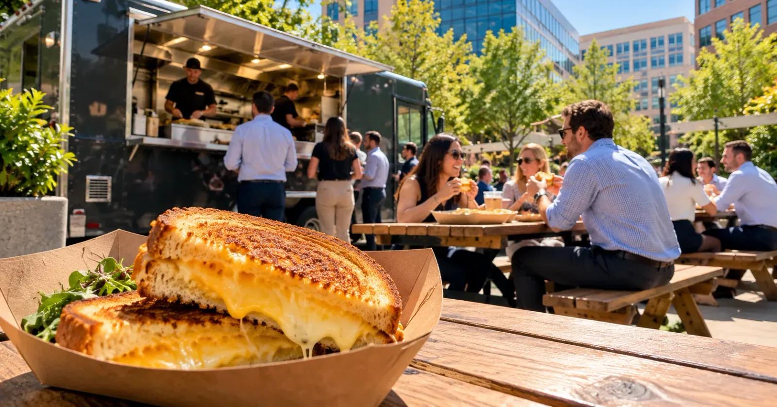 Grilled cheese sandwich in front of a food truck serving guests in a sunny office courtyard