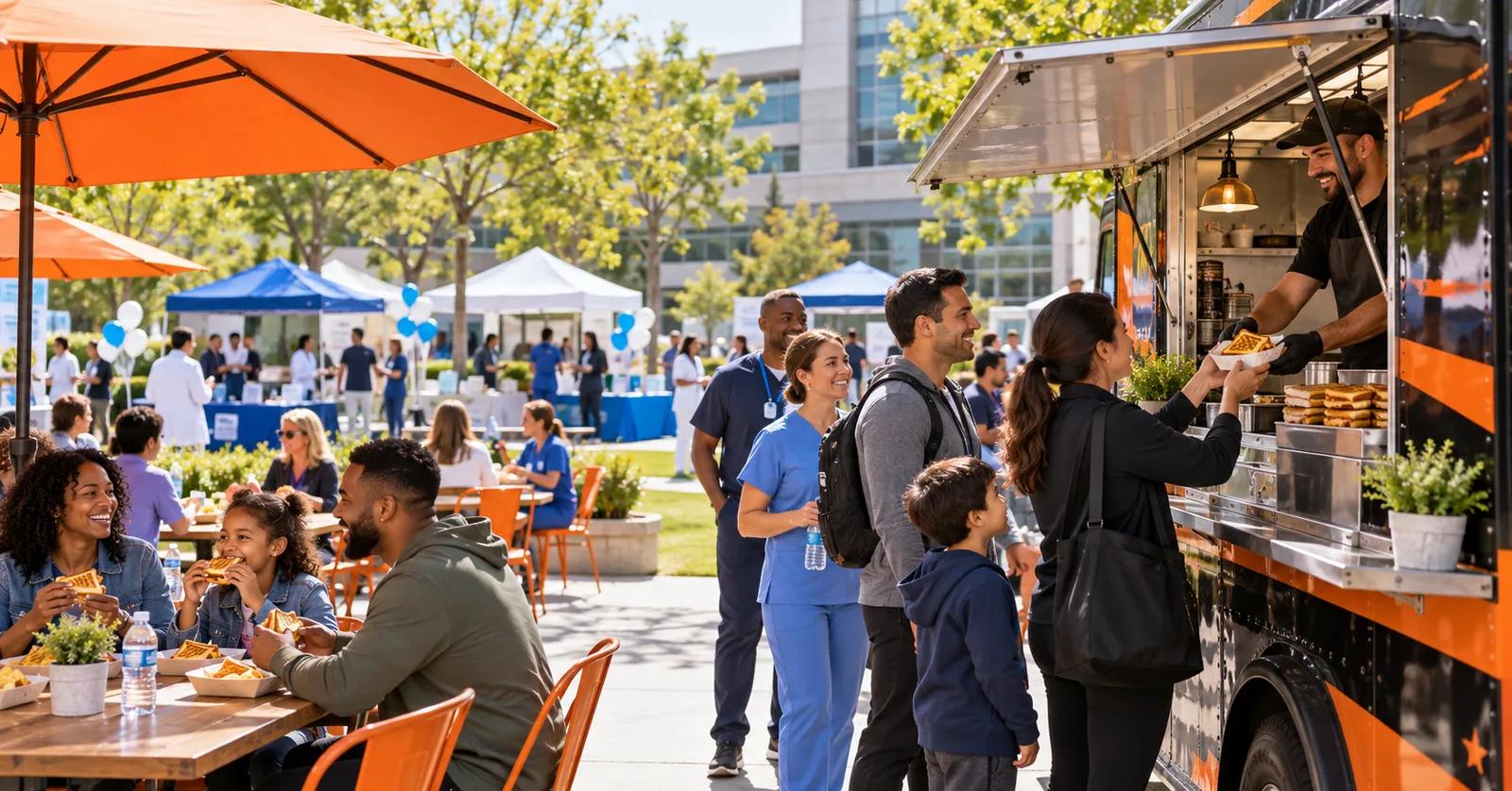 Families, healthcare workers, and community guests visiting a food truck at an outdoor health fair