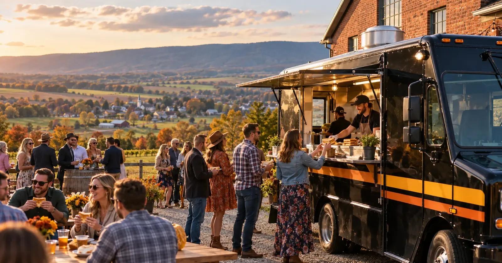 Grilled cheese food truck serving guests at a Lebanon Valley venue overlooking farms and wooded ridges