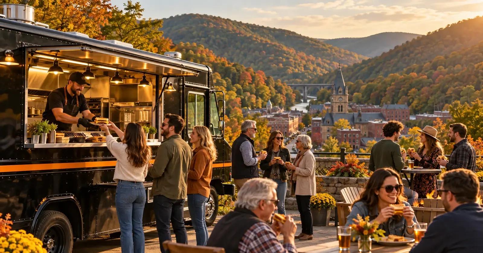 Grilled cheese food truck serving guests above a historic Carbon County mountain town in autumn