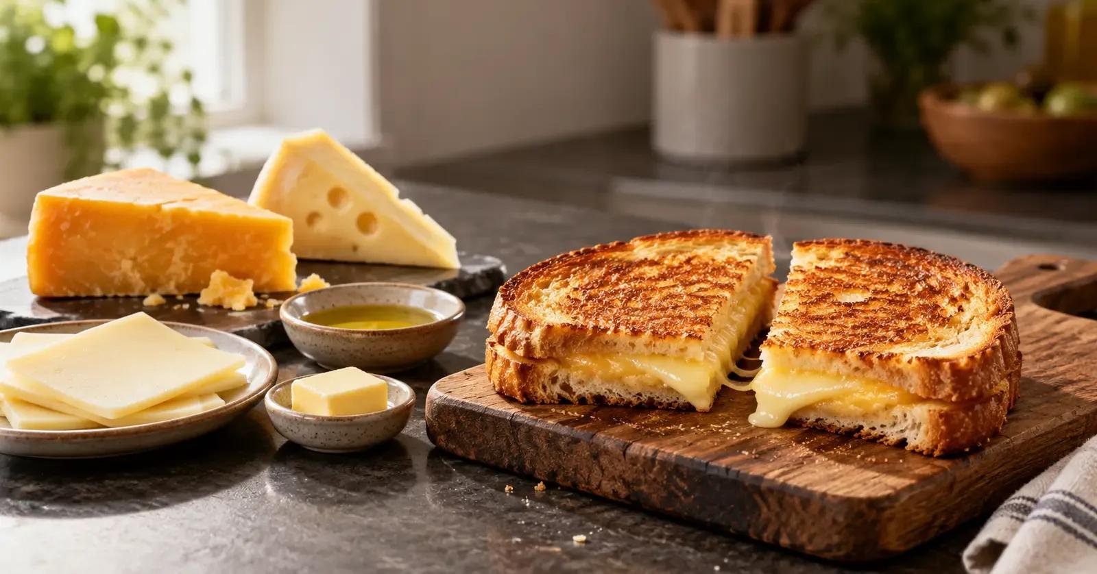 Grilled cheese beside aged cheddar, Swiss-style cheese, pale cheese slices, olive oil, and butter