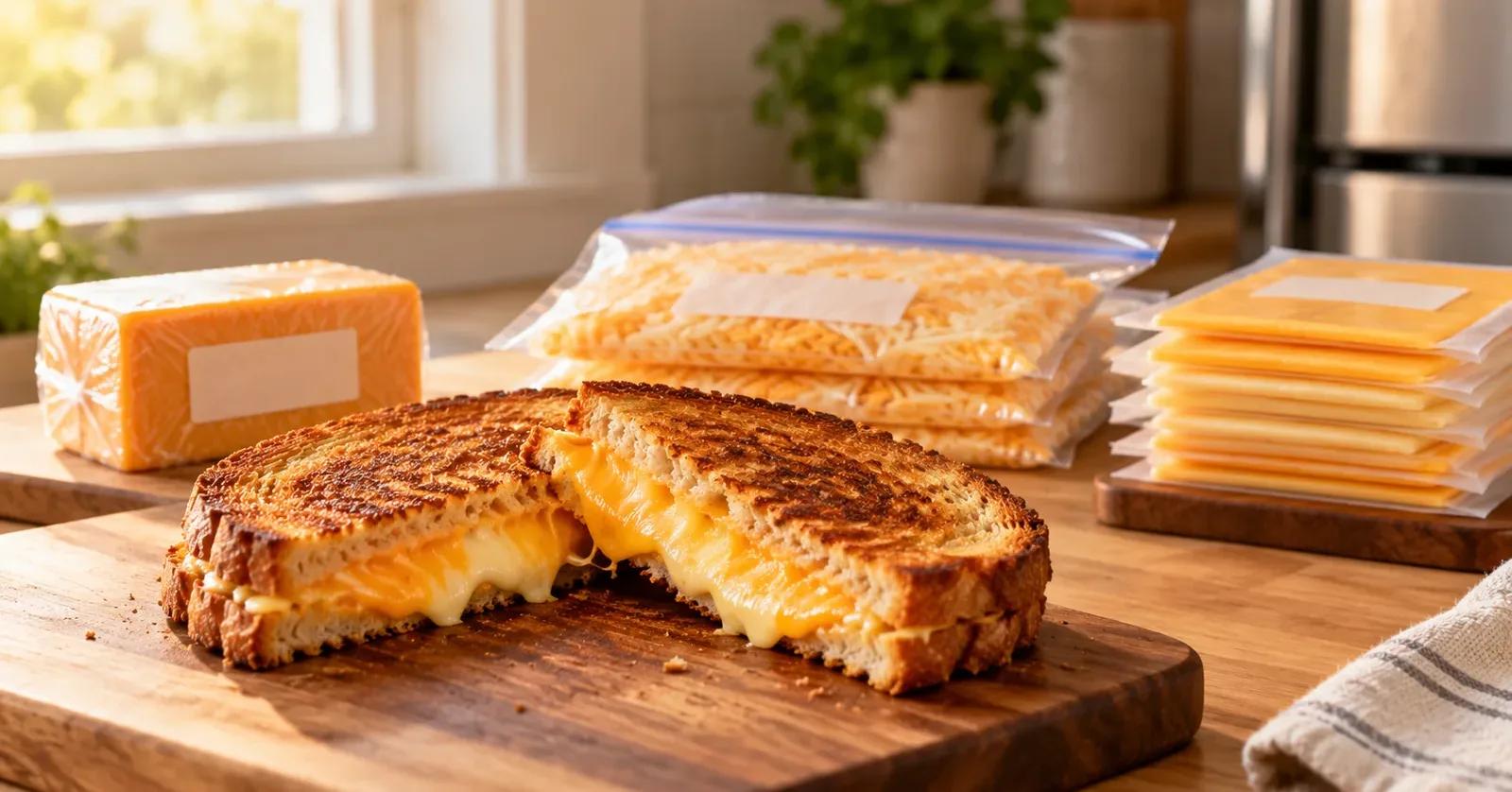 Grilled cheese beside a wrapped cheddar block, grated cheese, and separated slices prepared for freezing