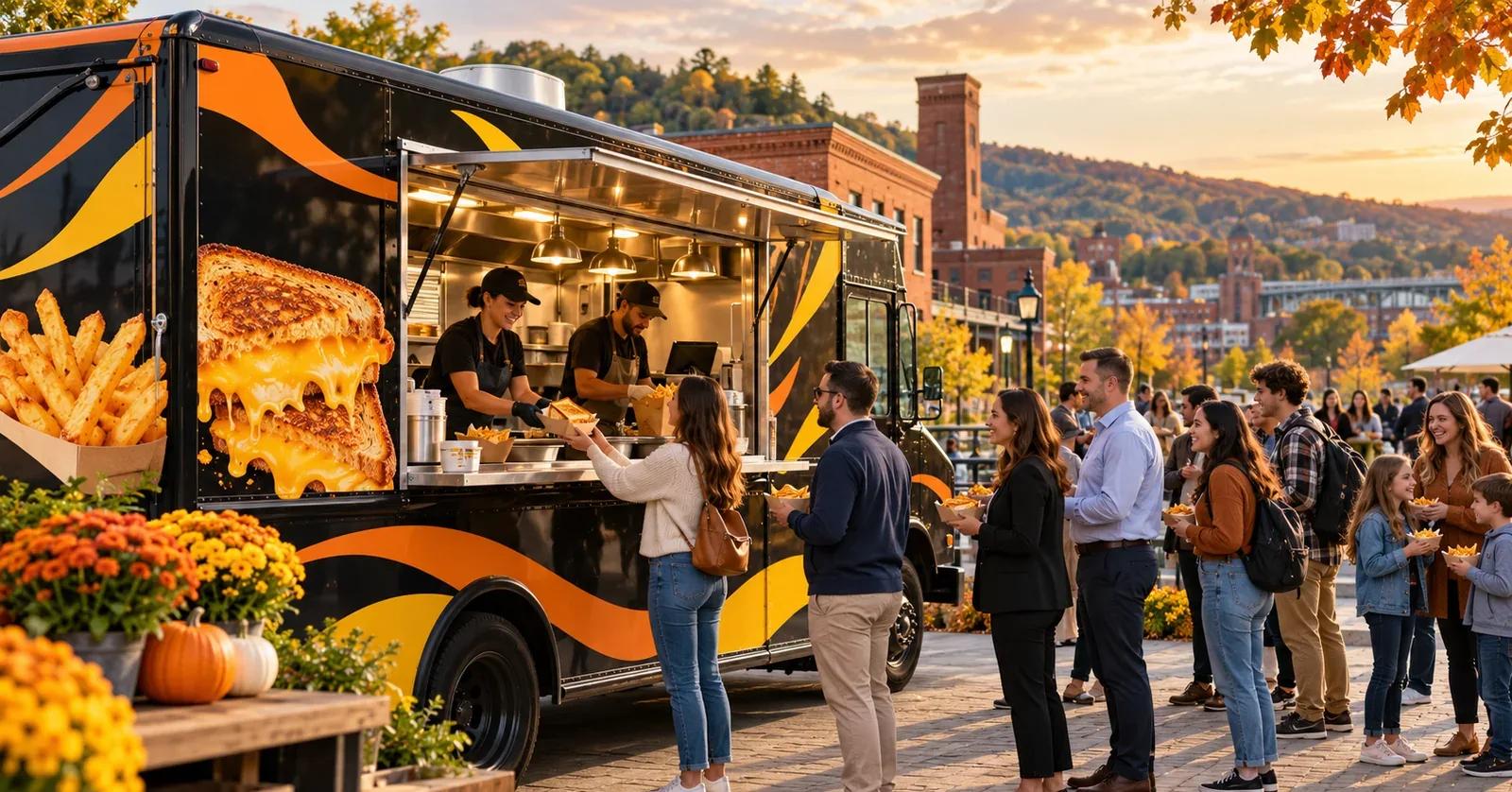 Guests line up for grilled cheese at an autumn food truck event overlooking Allentown and the Lehigh Valley