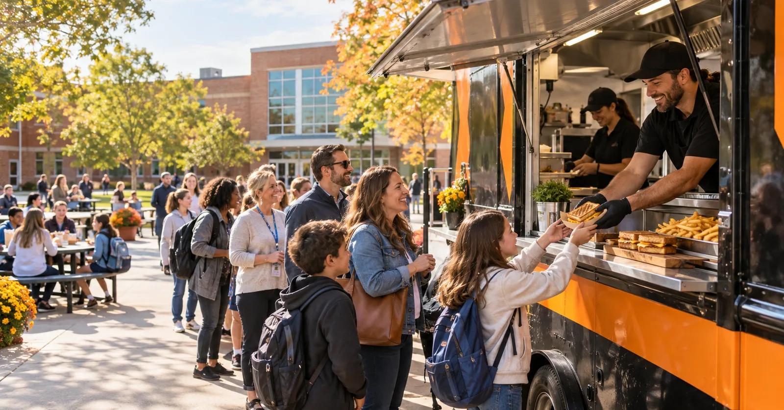 Grilled cheese food truck serving students, teachers, and families at a school courtyard event