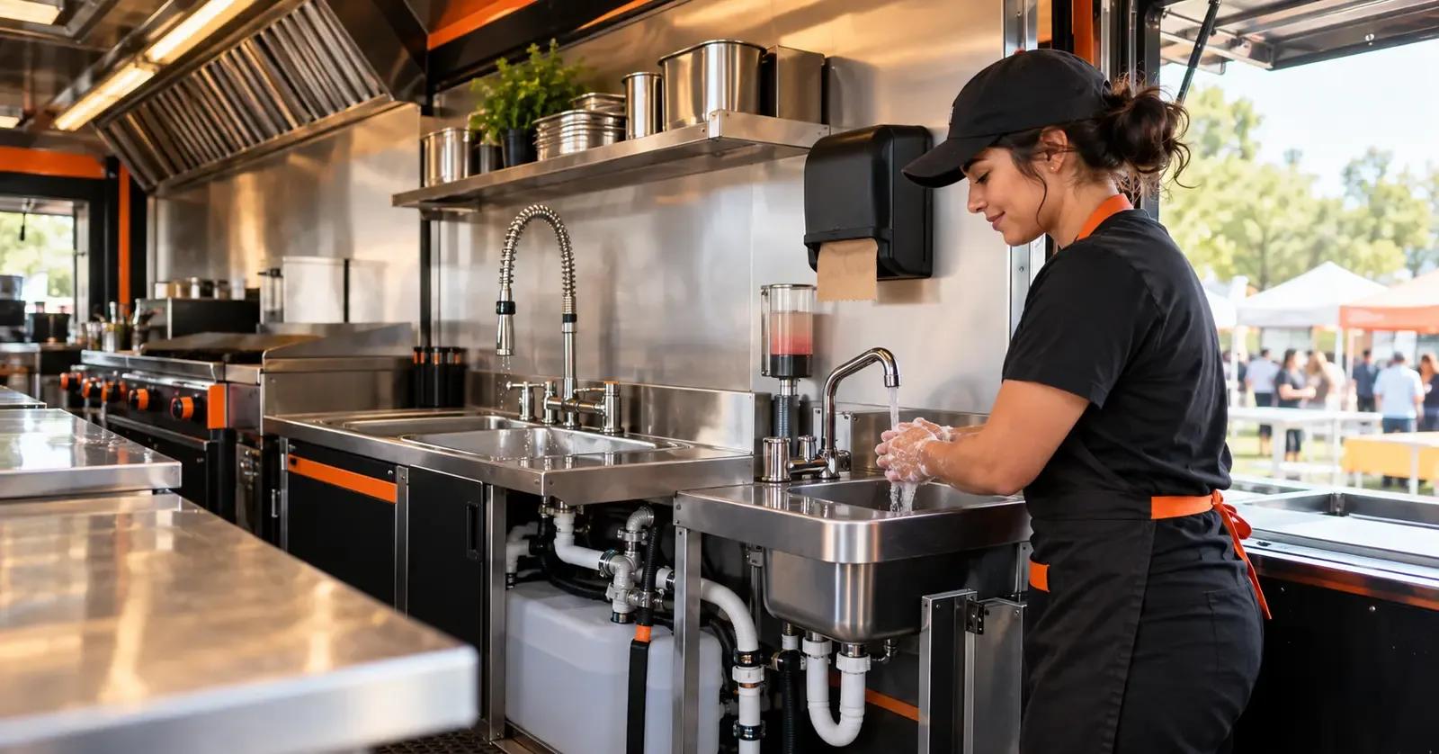 Food truck crew member washing hands at a dedicated sink inside a clean mobile kitchen
