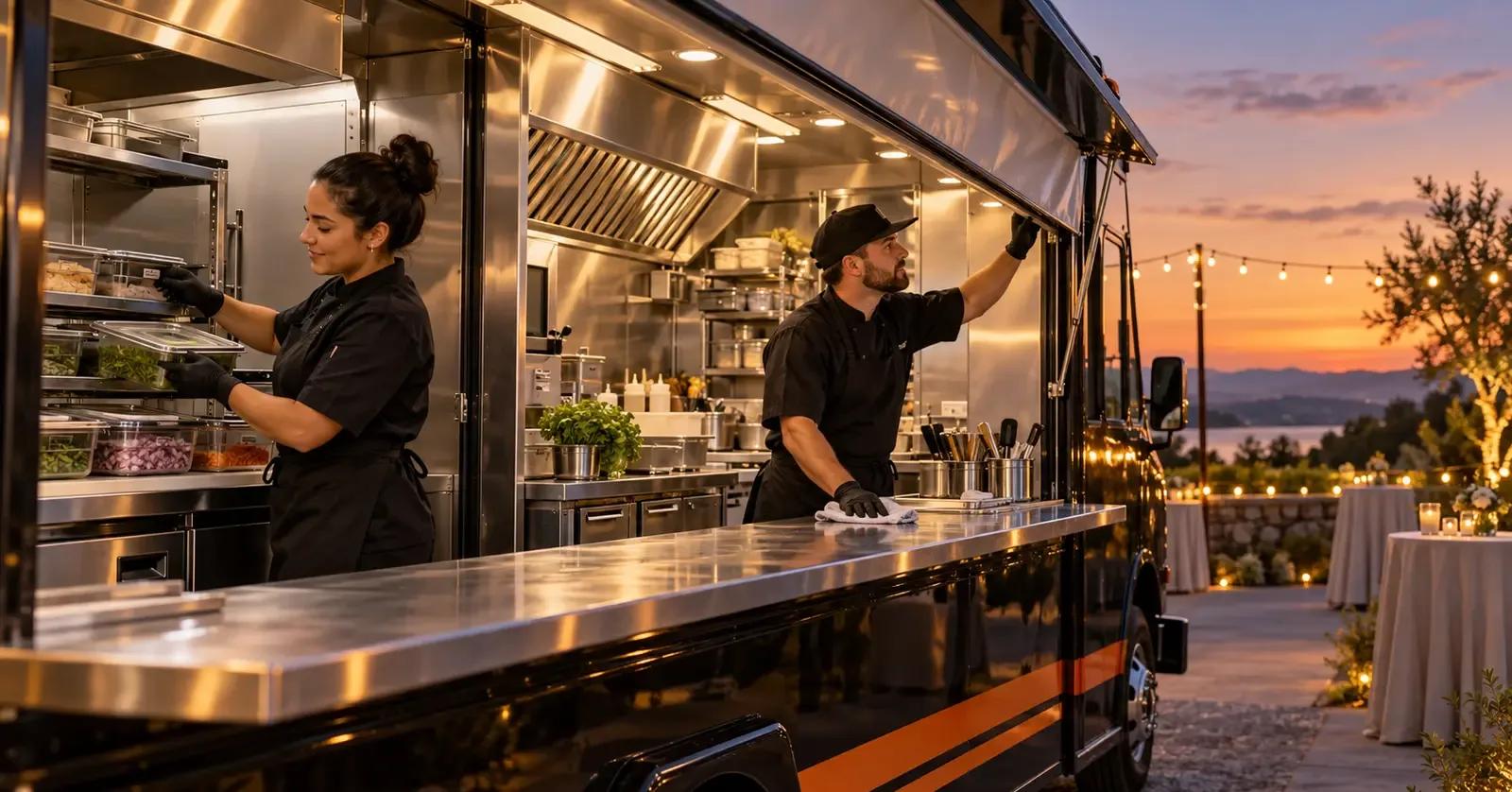 Food truck crew organizing ingredients and closing the service window after an event