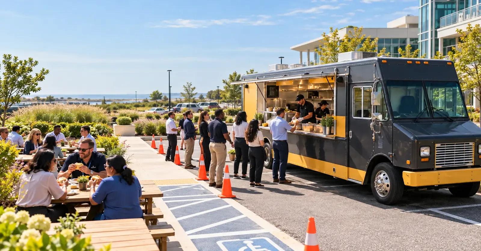 Grilly Cheese food truck serving an organized employee lunch at an Atlantic County hospitality campus