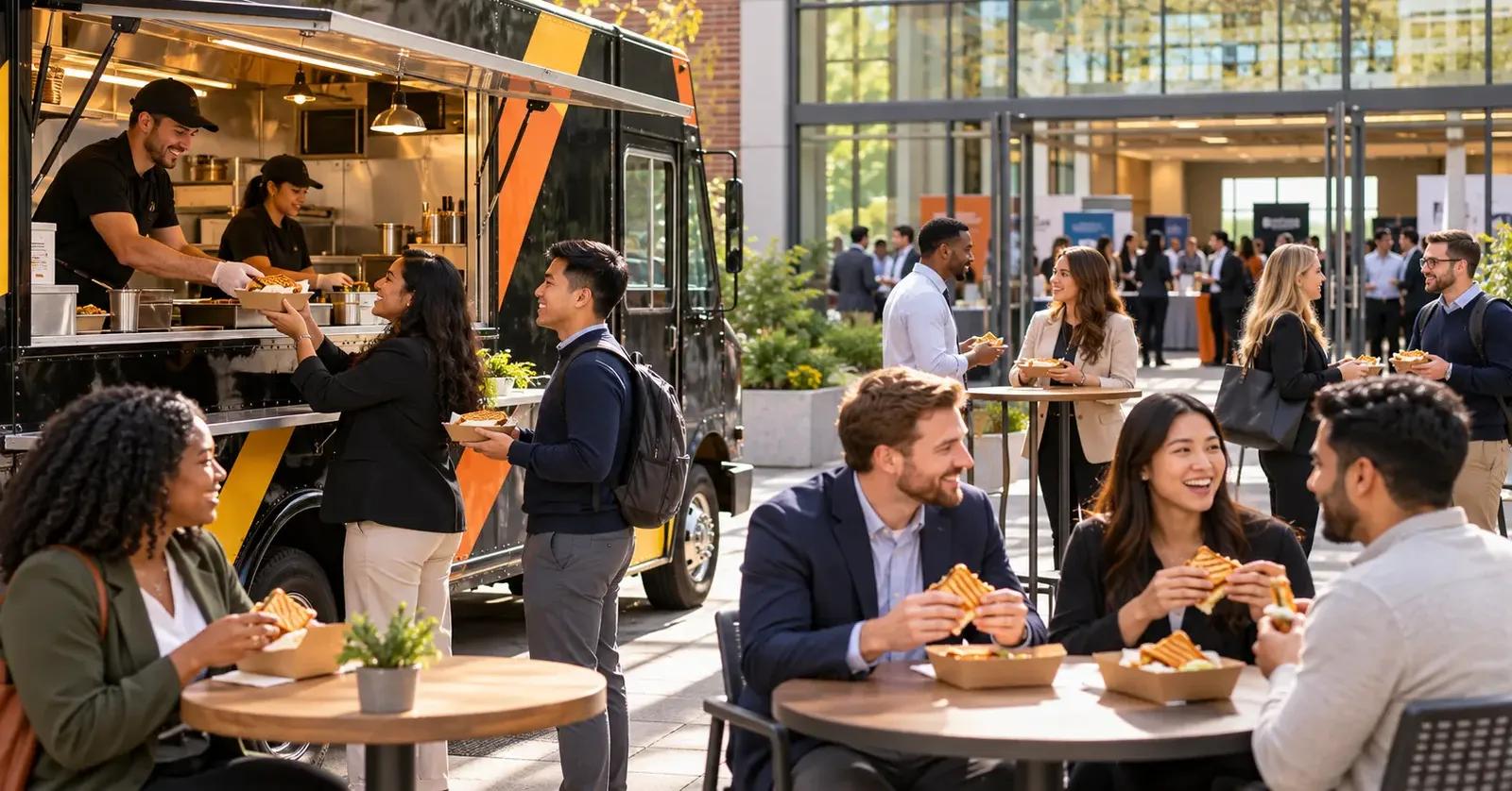 Job candidates, recruiters, students, and hiring managers gathering beside a black-and-orange food truck at a career fair
