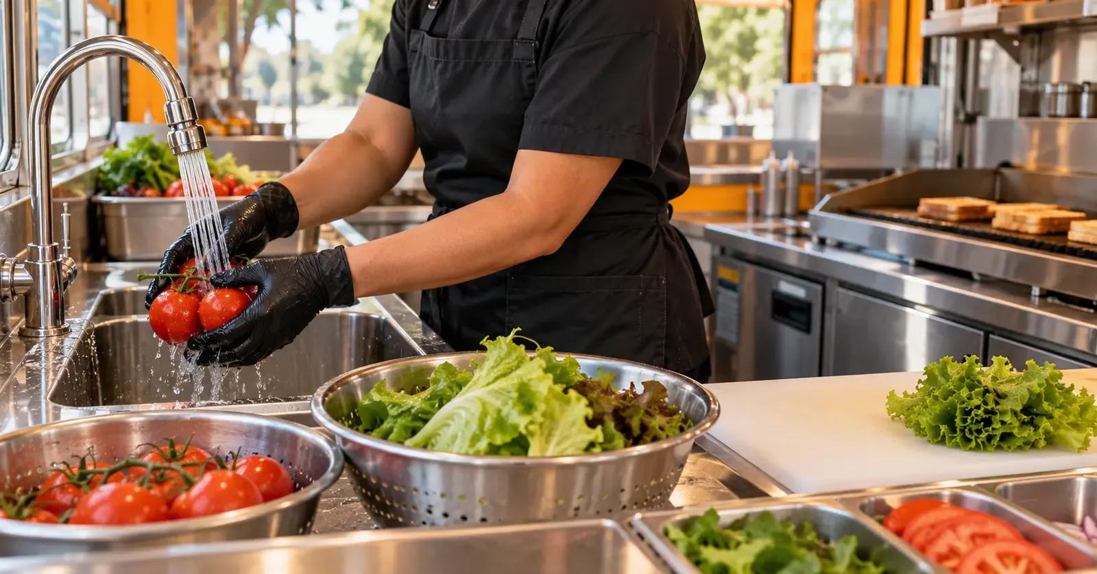 Food truck employee rinsing whole tomatoes under running water in a dedicated produce-preparation sink