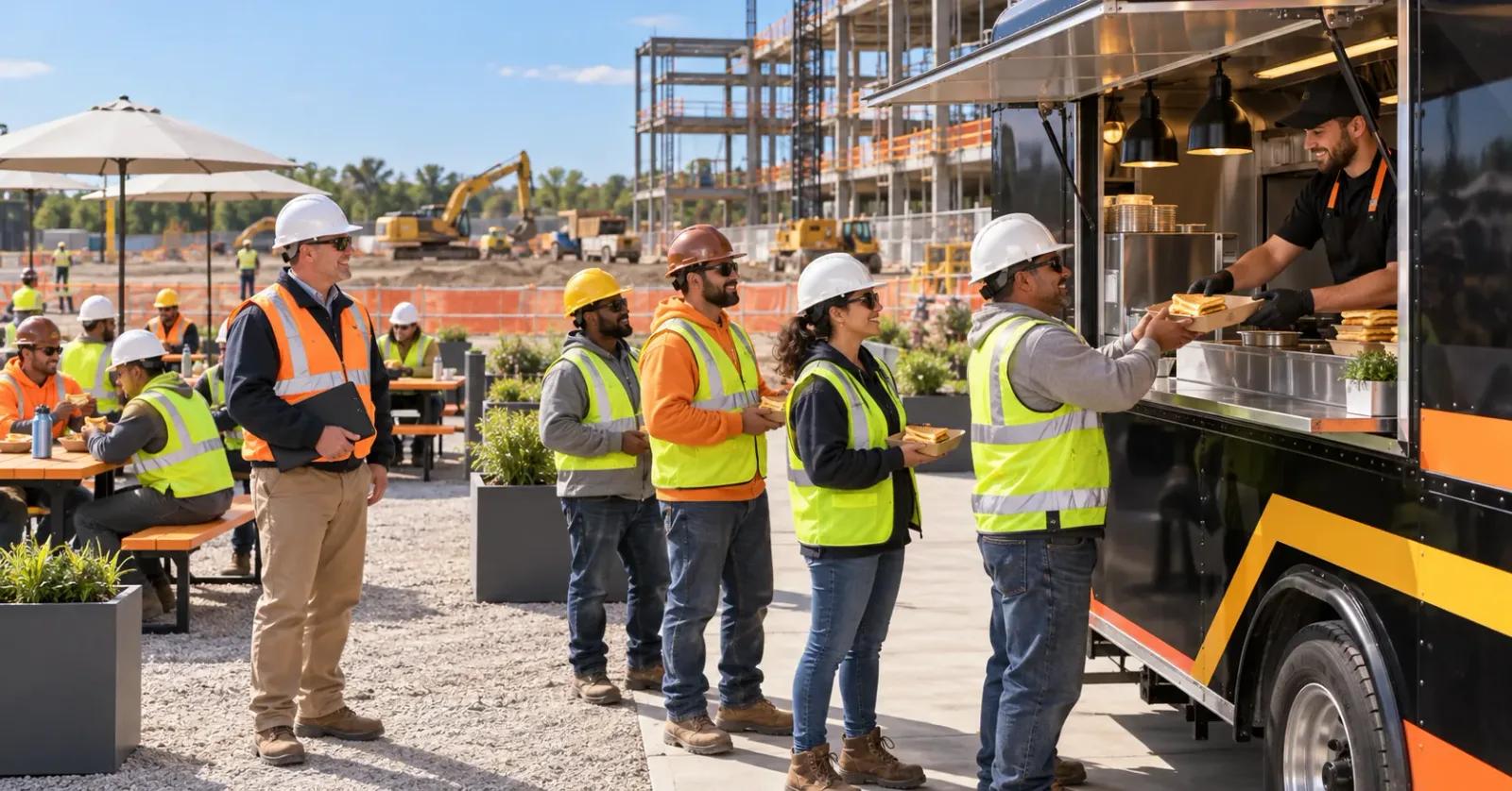 Construction workers ordering grilled cheese from a food truck in a designated jobsite break area