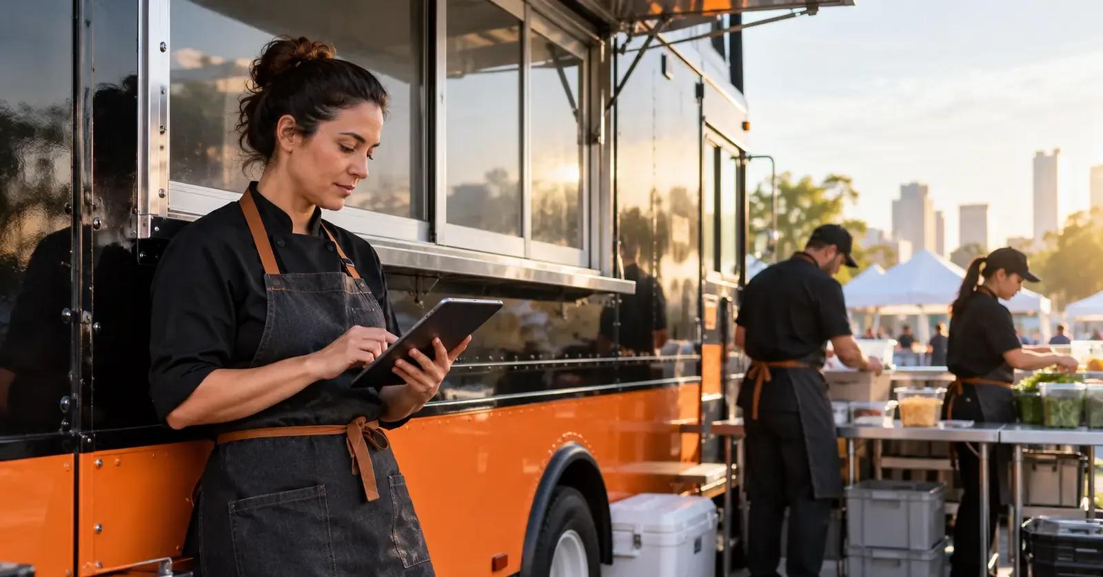 Food truck manager reviewing a crew illness report before event service