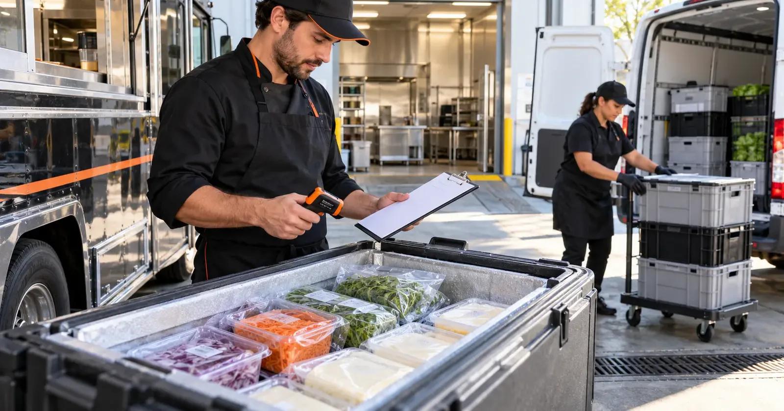 Food truck manager checking a refrigerated delivery at a commissary receiving area