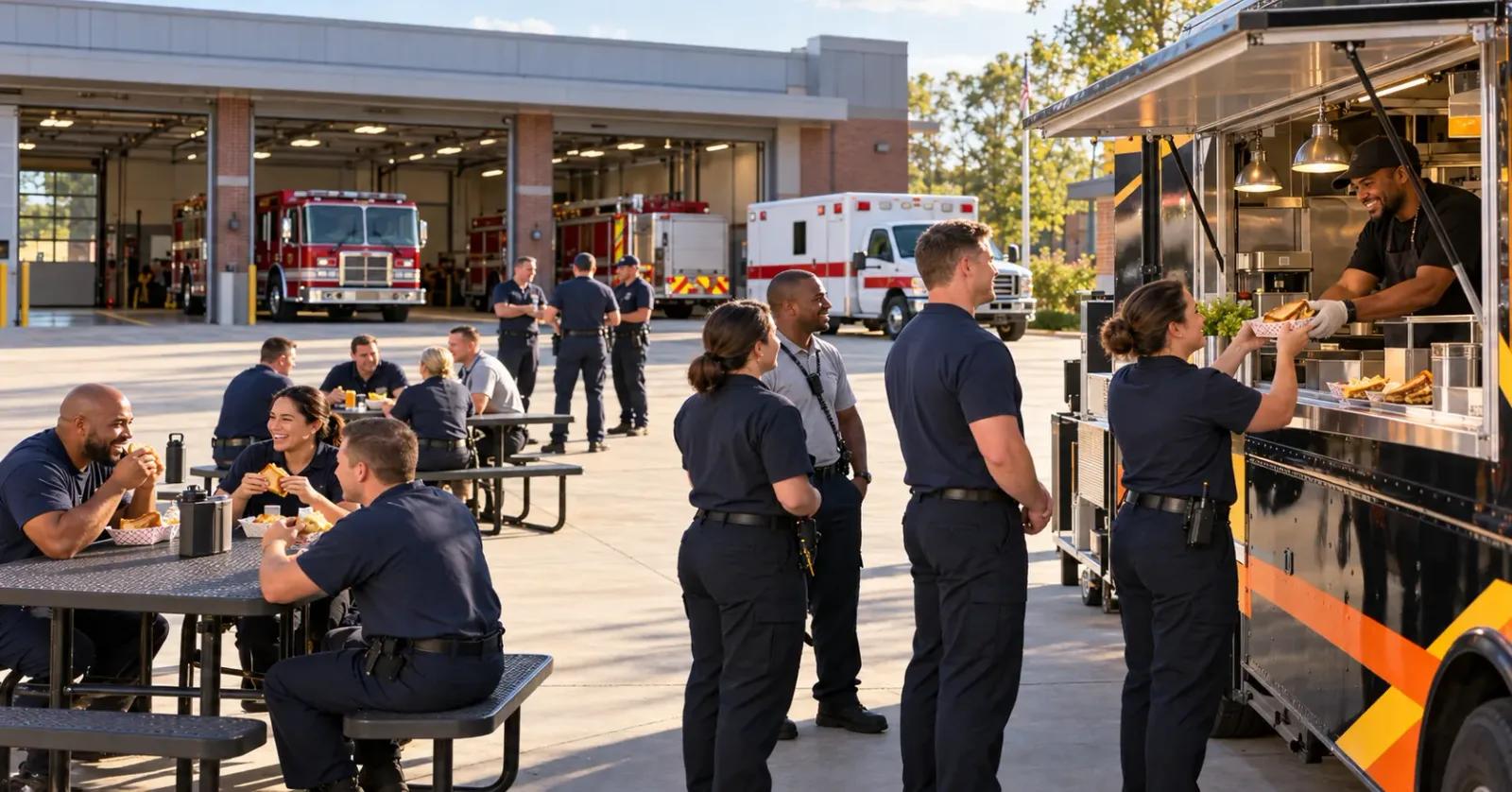First responders ordering grilled cheese from a food truck beside a public safety station