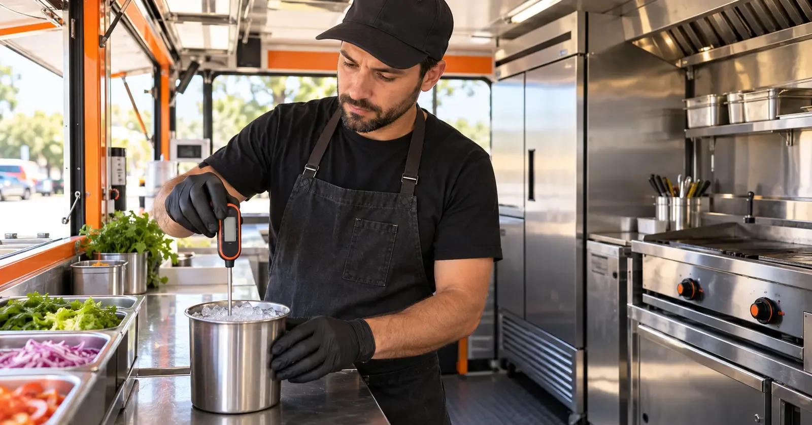 Food truck manager calibrating a digital probe thermometer in an ice-water slurry