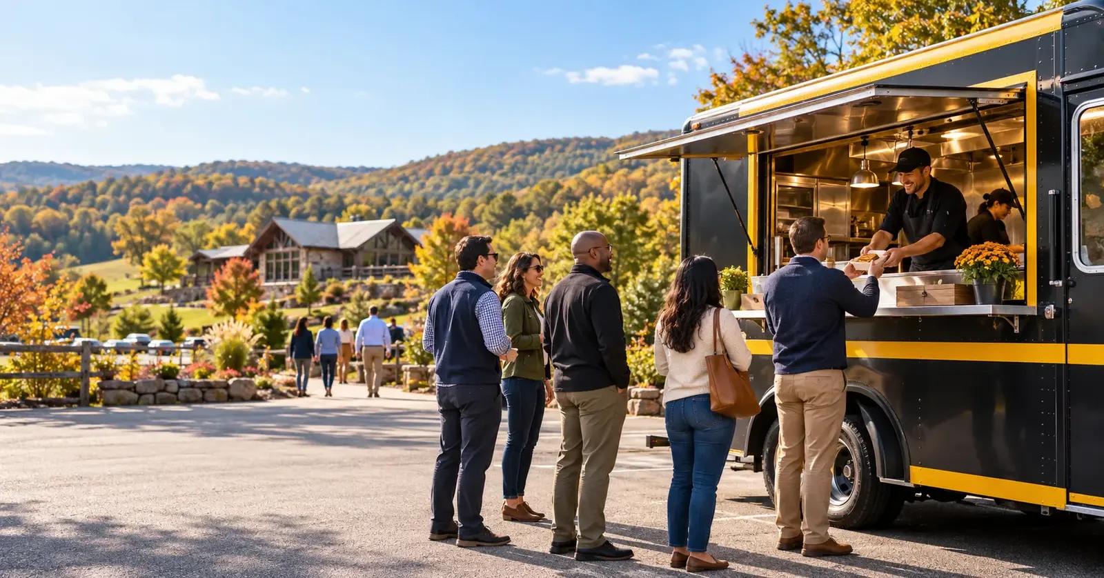 Food truck catering a corporate retreat at a rural Hunterdon County venue