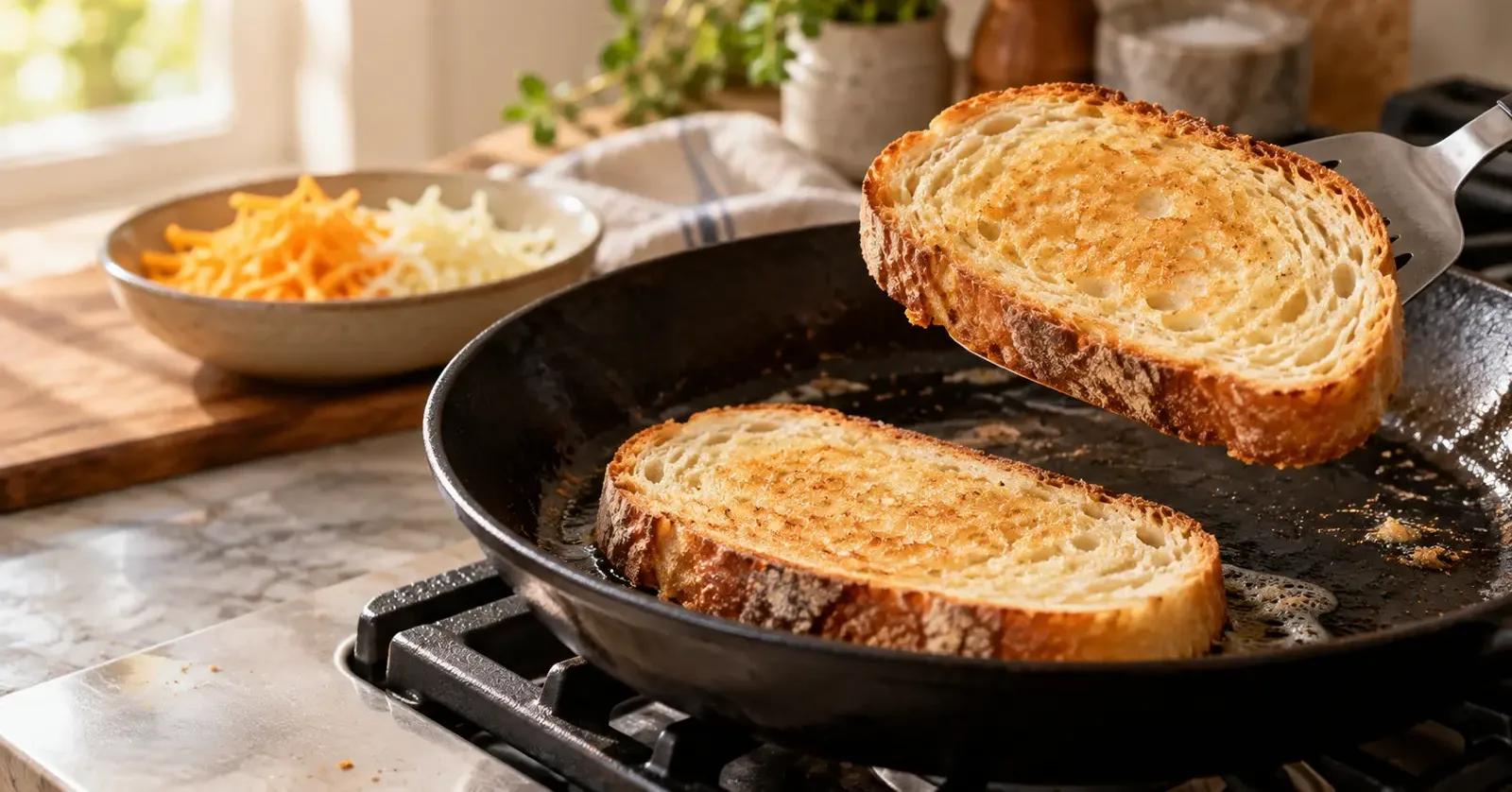 Bread slices lightly toasted on their inner faces before grilled cheese assembly