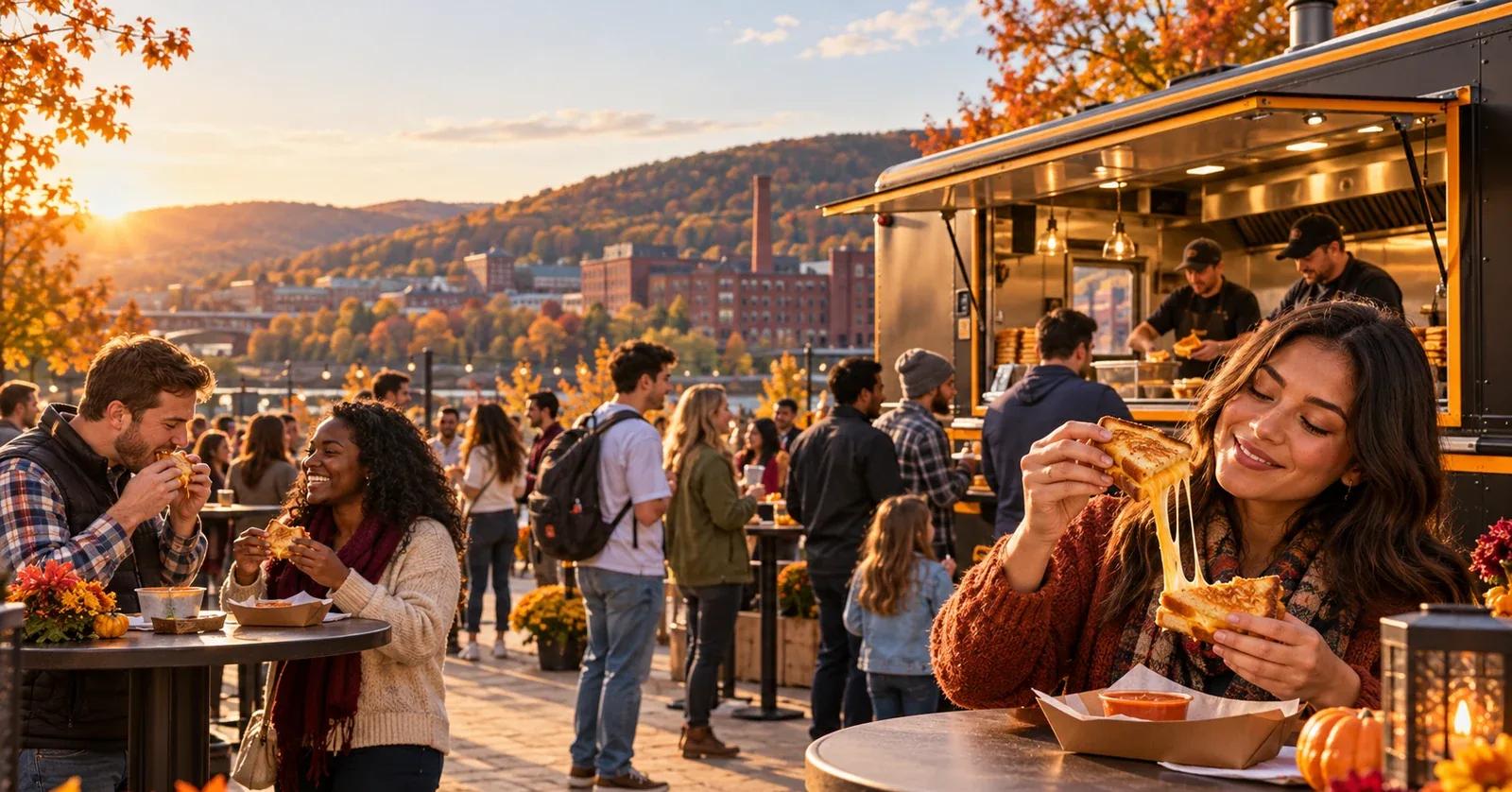 Guests enjoy grilled cheese at an autumn food truck event overlooking the hills and brick buildings of Berks County
