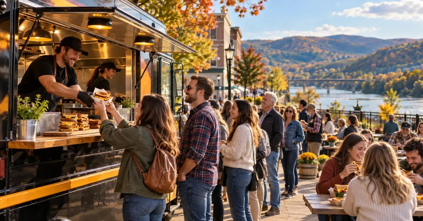 Grilled cheese food truck serving guests at a Columbia County river-valley event in autumn