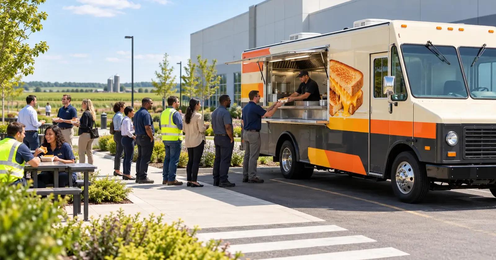 Food truck catering a shift-change employee lunch at a Cumberland County New Jersey manufacturing campus
