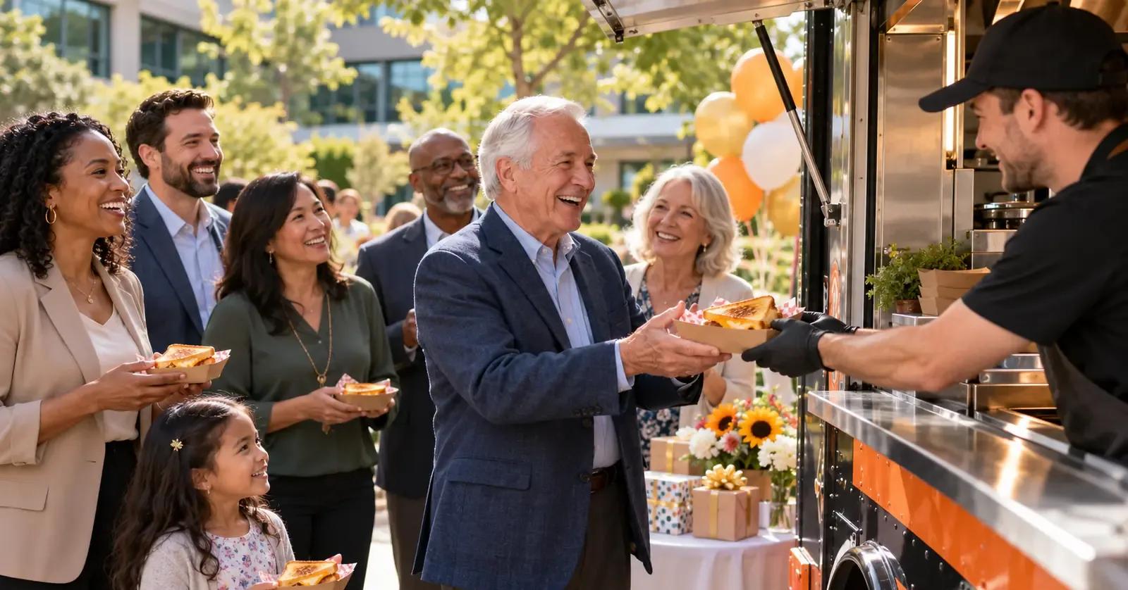 Retiring employee receiving a grilled cheese meal from a food truck while coworkers and family celebrate