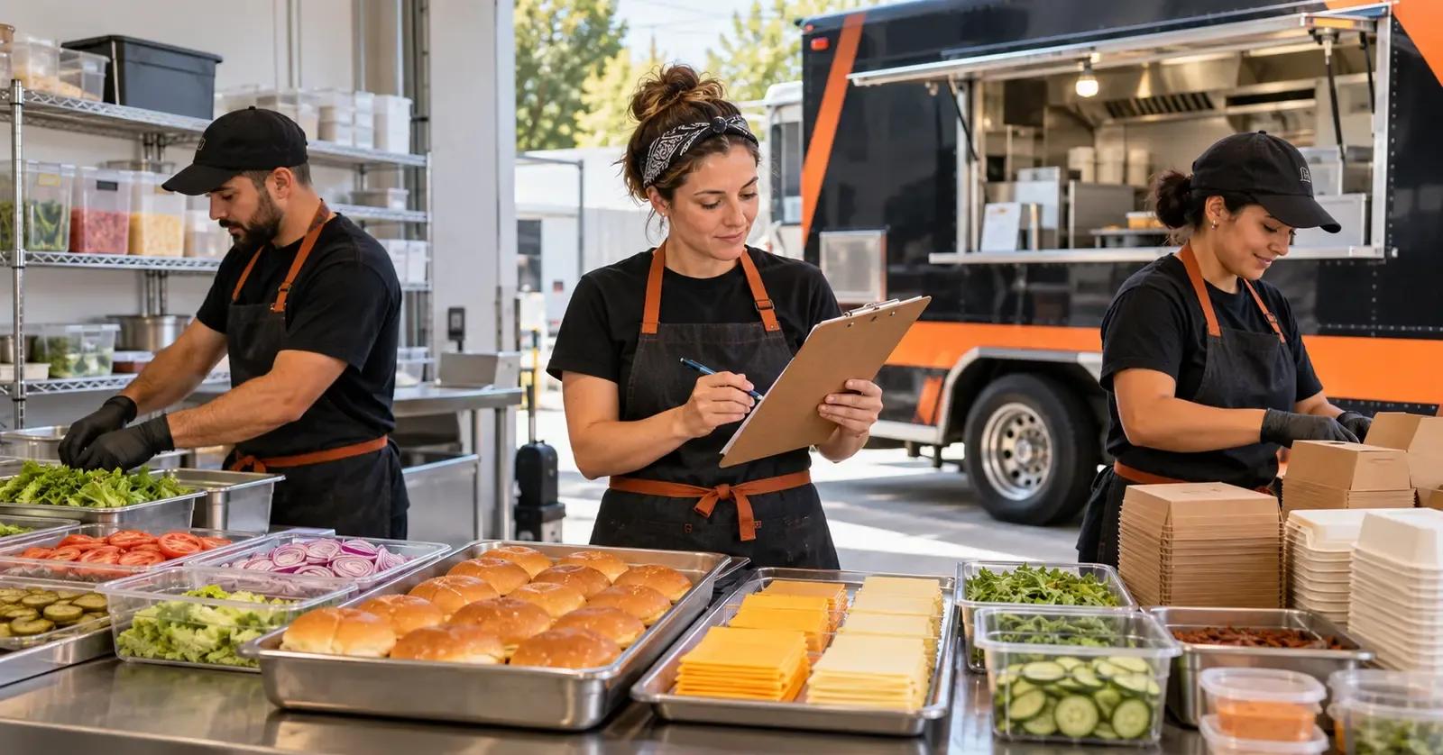 Food truck team organizing event ingredients and packaging while reviewing an inventory plan