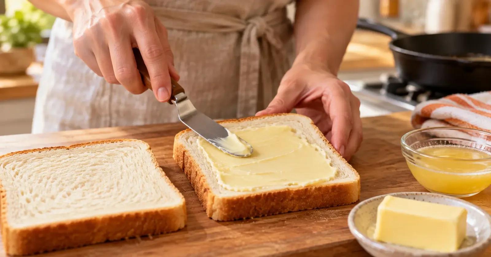 Softened butter spread smoothly across sandwich bread without tearing the crumb