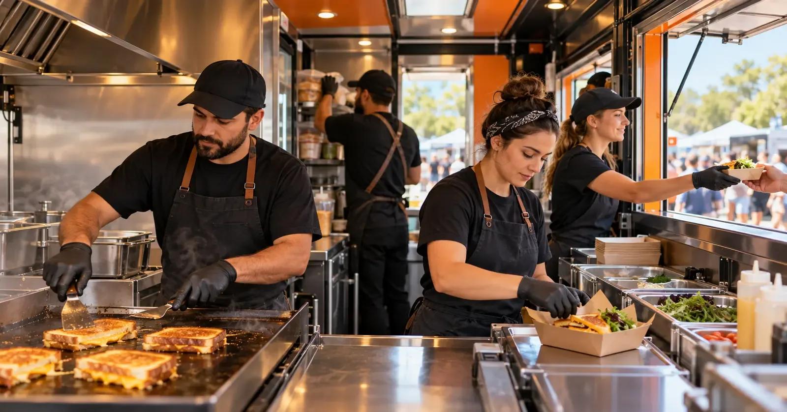 Food truck crew working coordinated cooking, assembly, and service stations during an event