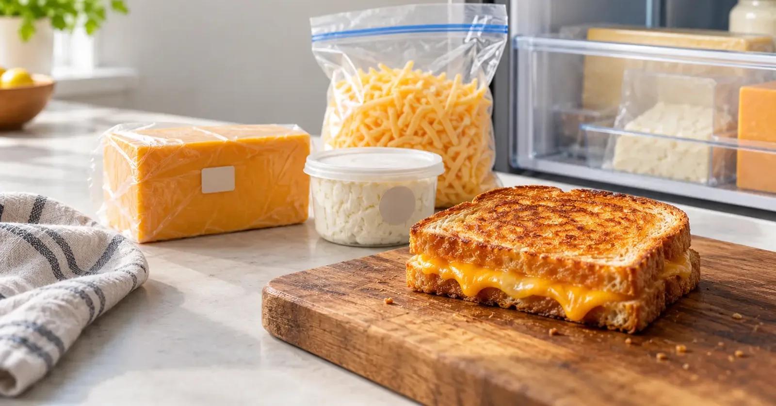 Cheddar, shredded cheese, and soft cheese beside a freshly cooked grilled cheese