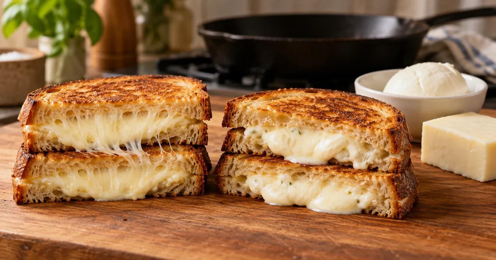Fresh-mozzarella and low-moisture-mozzarella grilled cheese sandwiches compared side by side